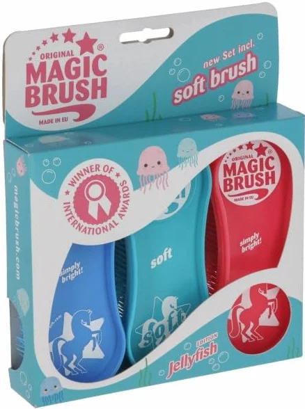 Kerbl Original Magic Brush - Juego de 3 cepillos para caballos, cuidado de caballos, cepillo de masaje, jellyfish