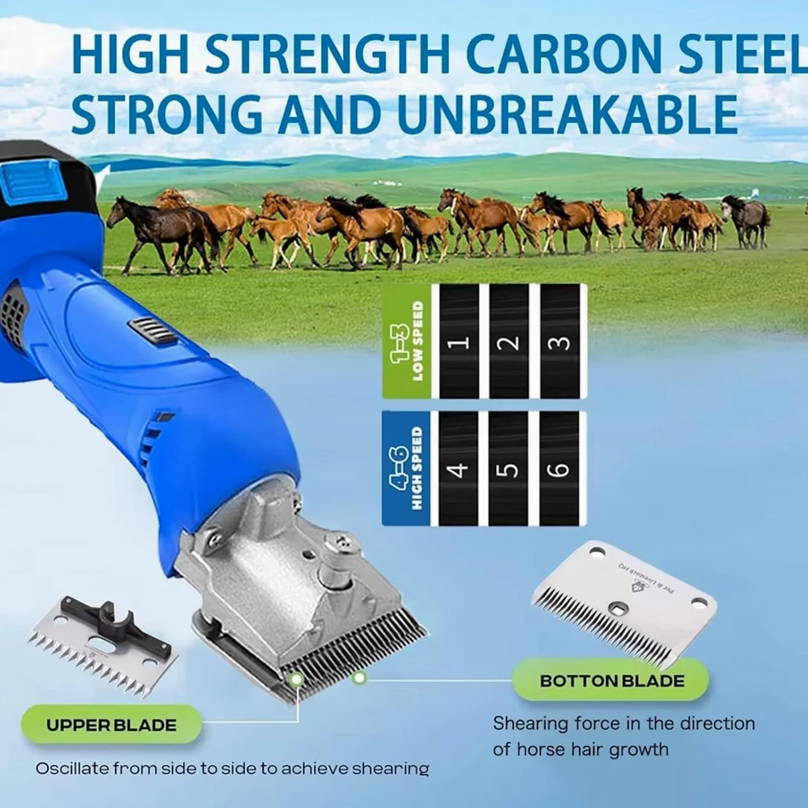 Esquiladora Inalámbrica para Caballos 500W, Cortadora Eléctrica de Grooming con 2 Baterías, Ajustable en 6 Velocidades, Cuchillas Desmontables de Acero al Carbono, para Caballos y Ponis de Pelo Grueso