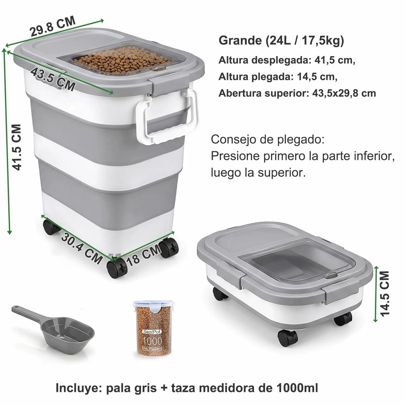 FUSHITON Gran Contenedor de Comida para Perros Plegable con Ruedas 24L/17,5kg – Recipiente Hermético para Pienso con Clip y Junta de Silicona, Incl. Pala + Taza Medidora 1000ml, Plegable Gris
