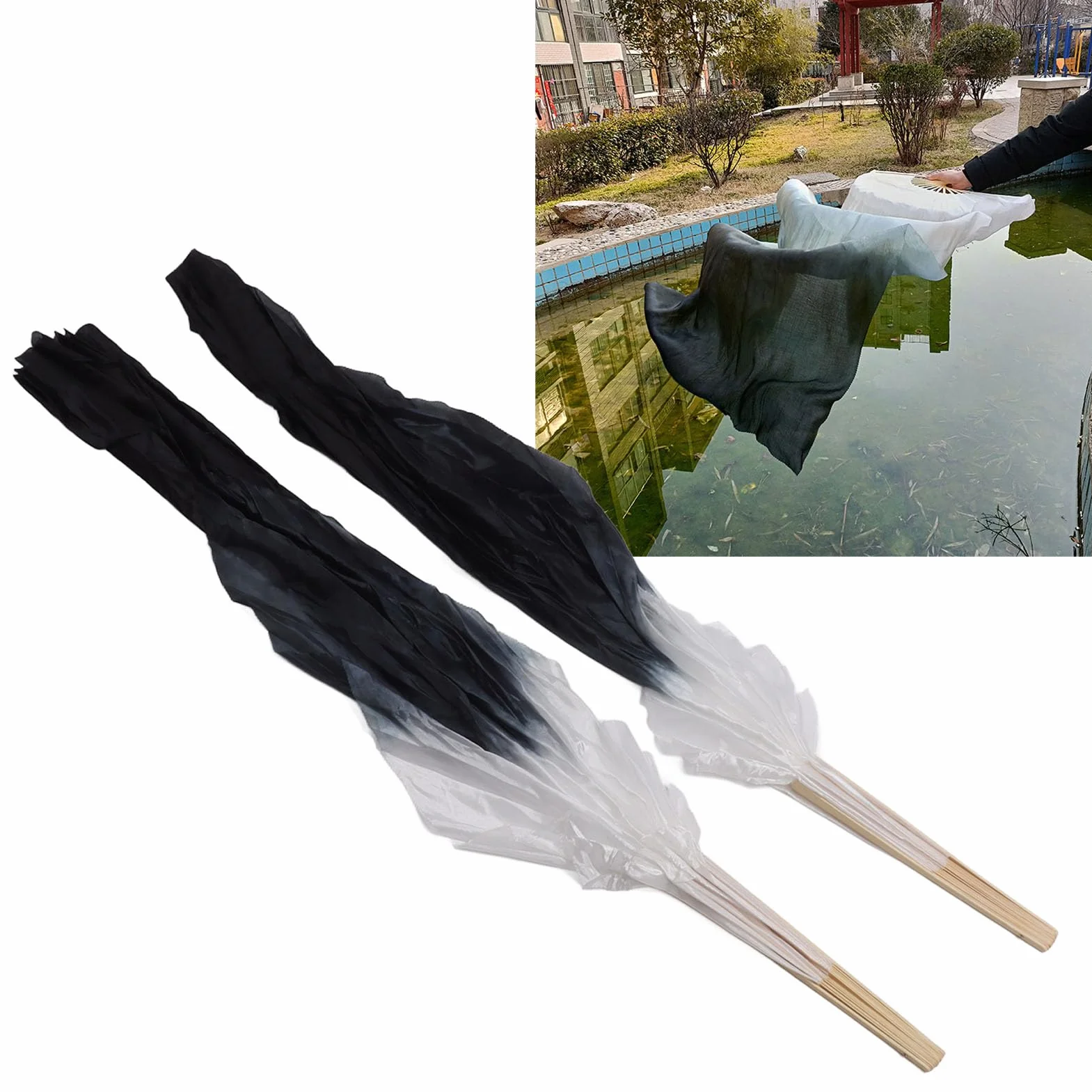 Abanicos para Danza del Vientre de 1,5M, Seda Sintética, Gris y Negro
