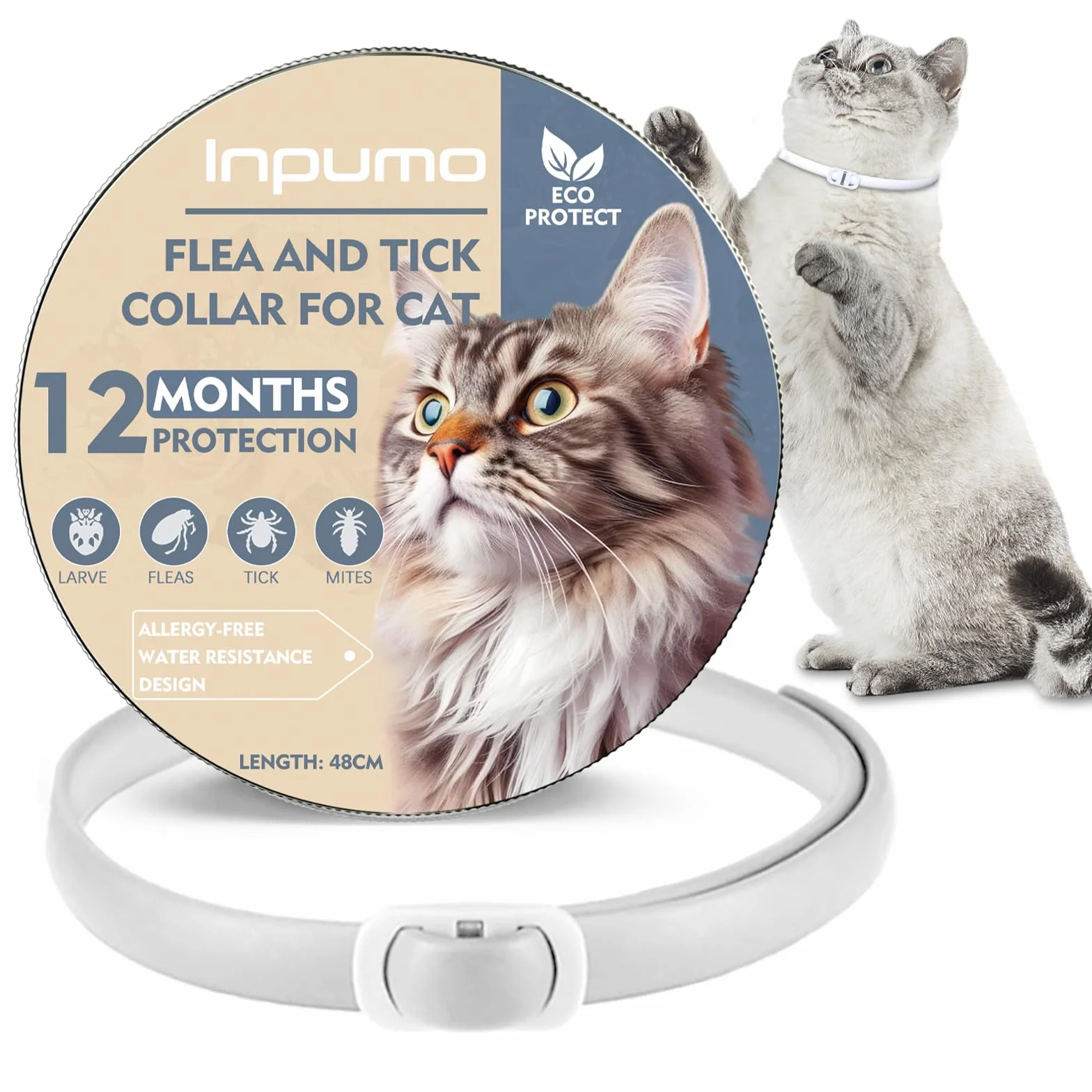 Collar Antiparasitario Gatos, Protección de 24 Meses, Ajustable, Impermeable, Ideal para Gatitos, Collar Antiparasitario Gatos Medianos y Grandes (48 cm)