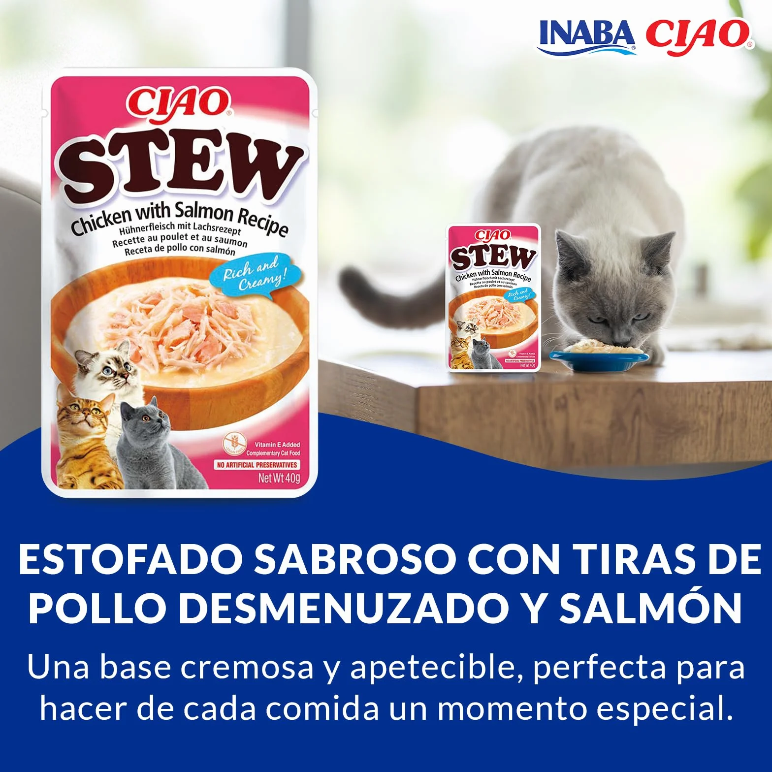 INABA Ciao Stew - Guiso Saludable para Gatos - Snacks, Receta de Pollo con Salmón - Premios Ricos y Cremosos - Sin Cereales, Conservantes, Colorantes - Pocas Calorías - 40g
