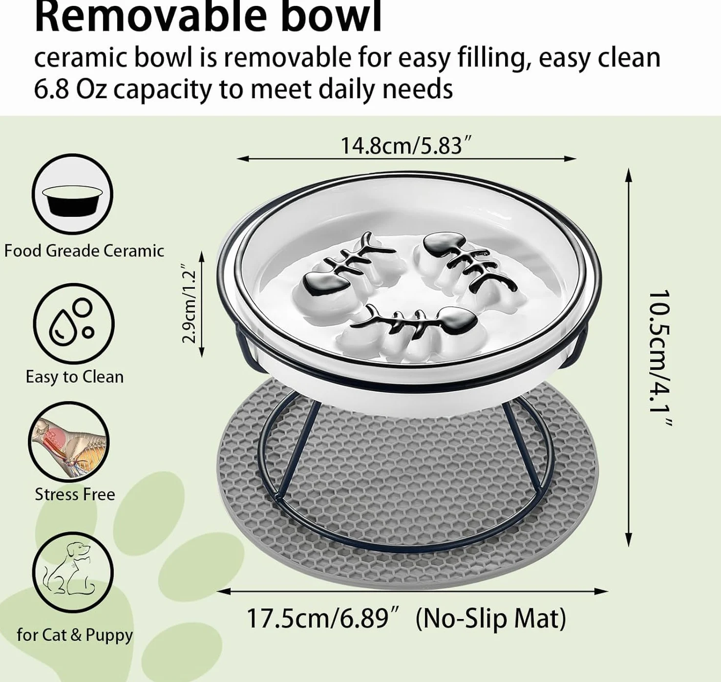 Comedero lento para gatos, cuenco elevado de comida para gatos, diseño elevado, cuenco de alimentación lenta para perros con soporte de metal, sin barbilla negra, antivómitos, apto para Whiksker poco