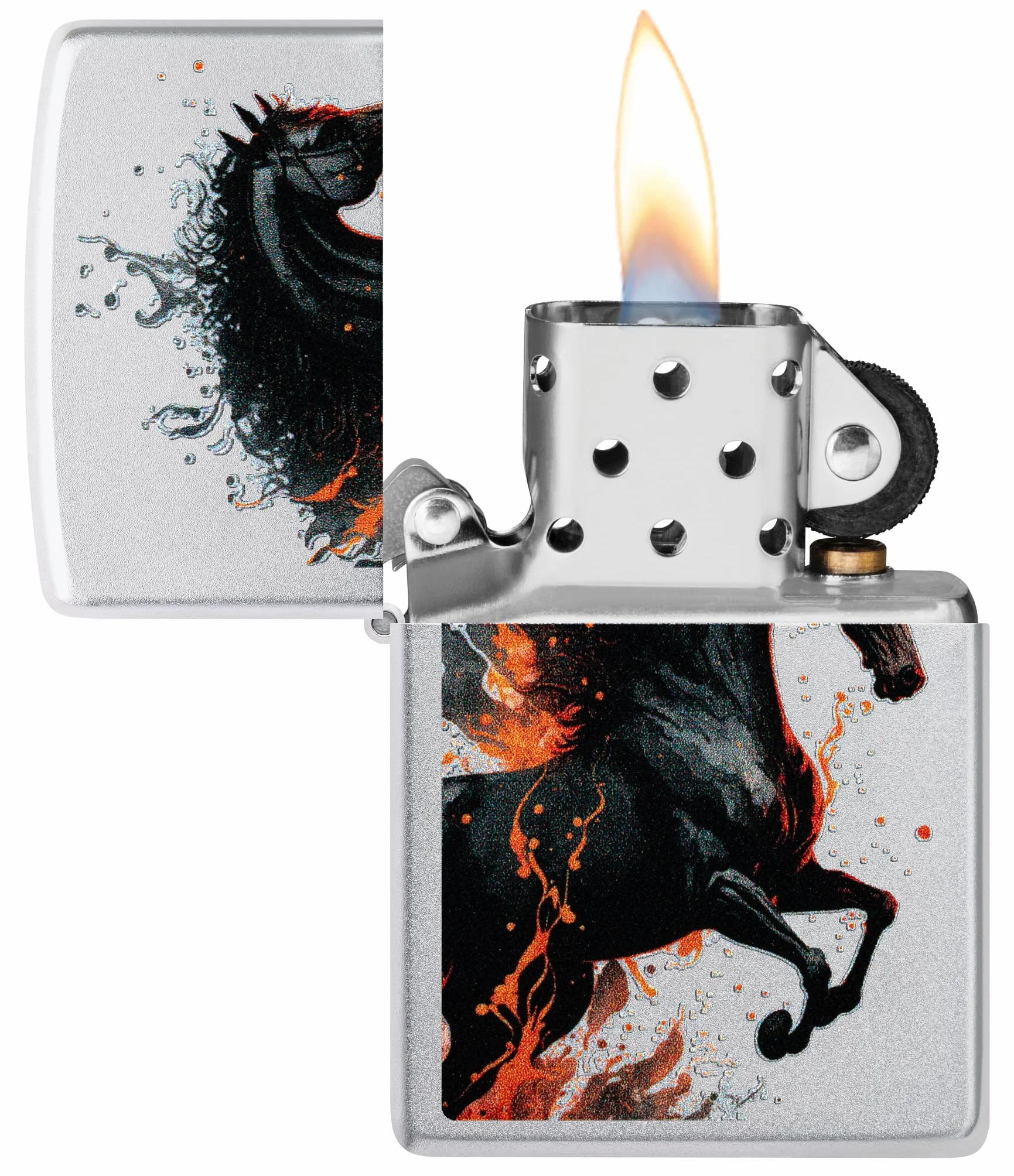Zippo Fire Horse Windproof Lighter Satin Chrome Color Image Rechargeable Reusable Gift Box Made in USA