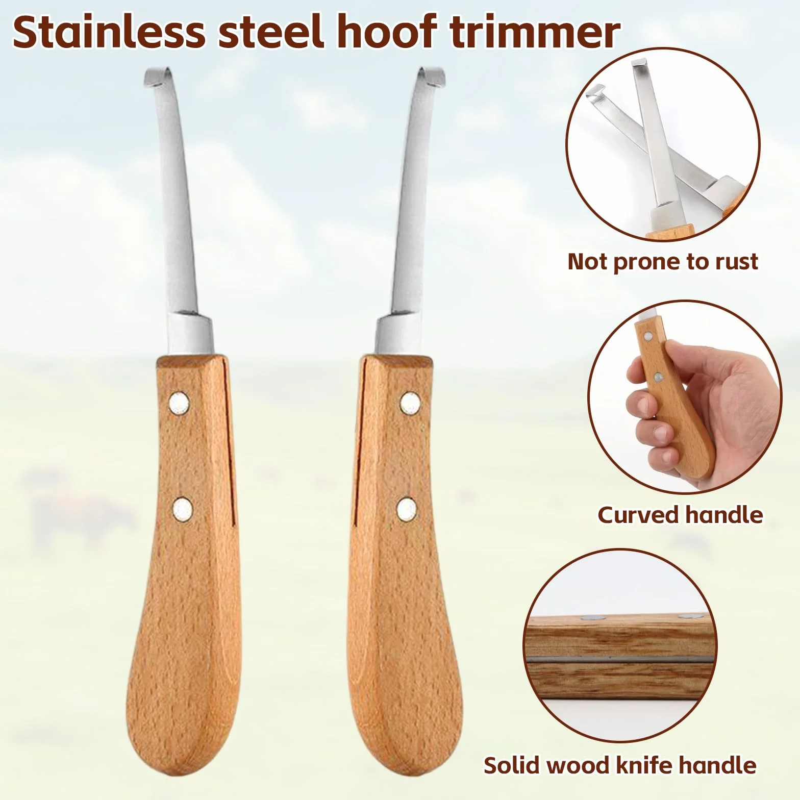 2 piezas Cuchillo para Pezuñas, 21.5 CM Cuidado de Los Cascos Acero Inoxidable Zurdos y Diestros, Herramientas para Recortar Pezuñas con Mango de Madera para Ganado Vacuno, Ovino y Equino