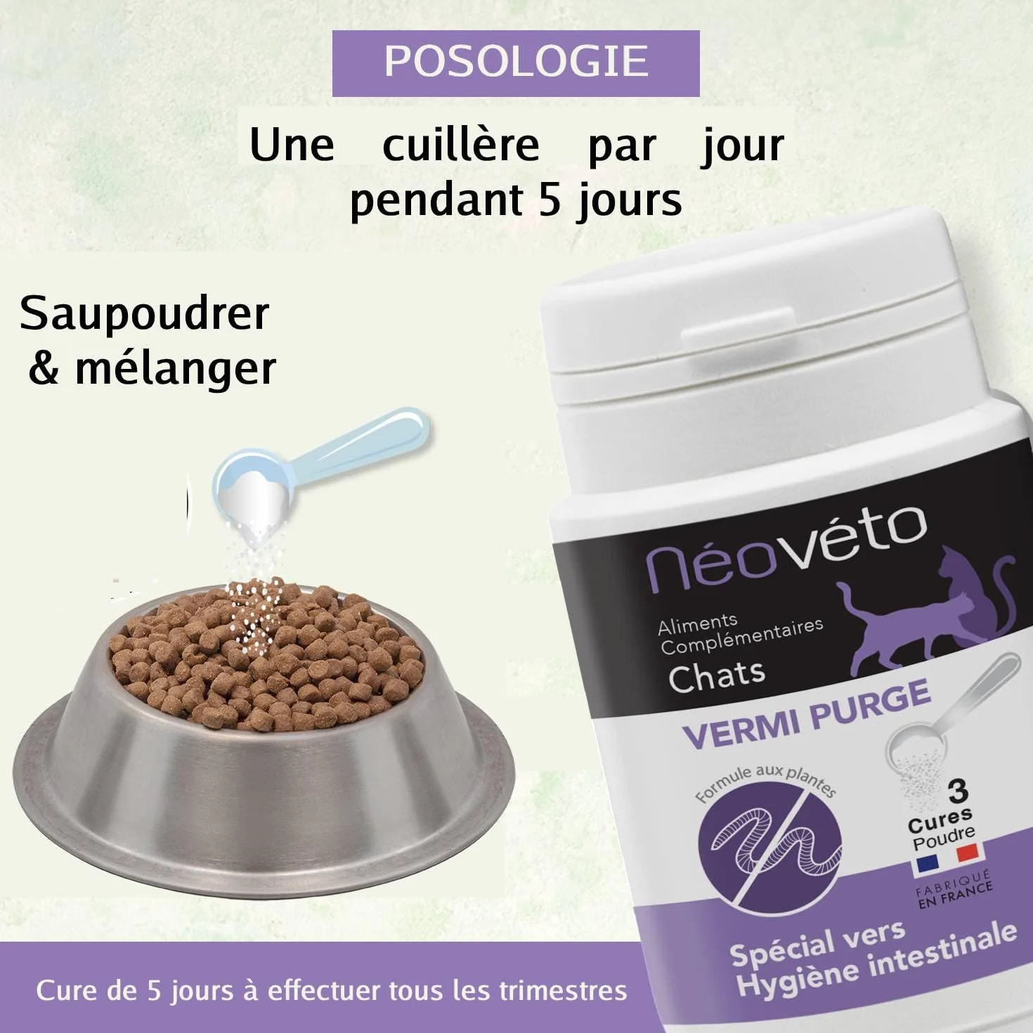 DESPARASITANTE para Gatos Antiparasitario Interno en en Polvo Natural, Ingredientes Activos autorizados por los Servicios Veterinarios Franceses
