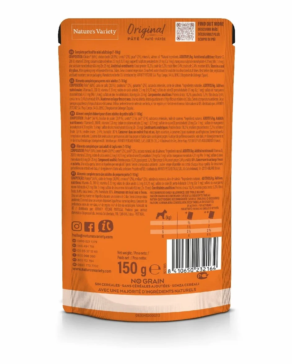 Nature's Variety Original No Grain Paté para Perros Adultos Mini con Pollo Caja 8 x 150 g