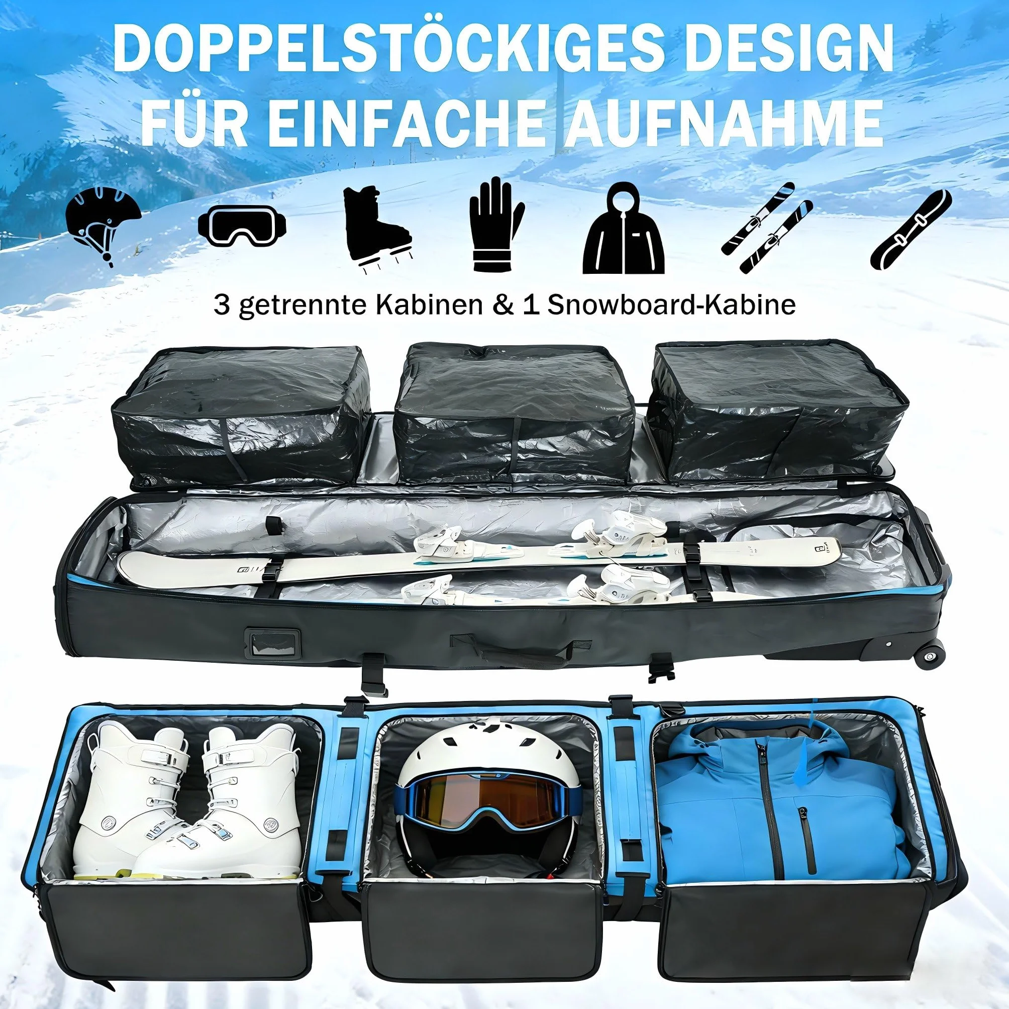 AUMTISC Bolsa de Snowboard con Ruedas Acolchada para Esquís 165-175 cm