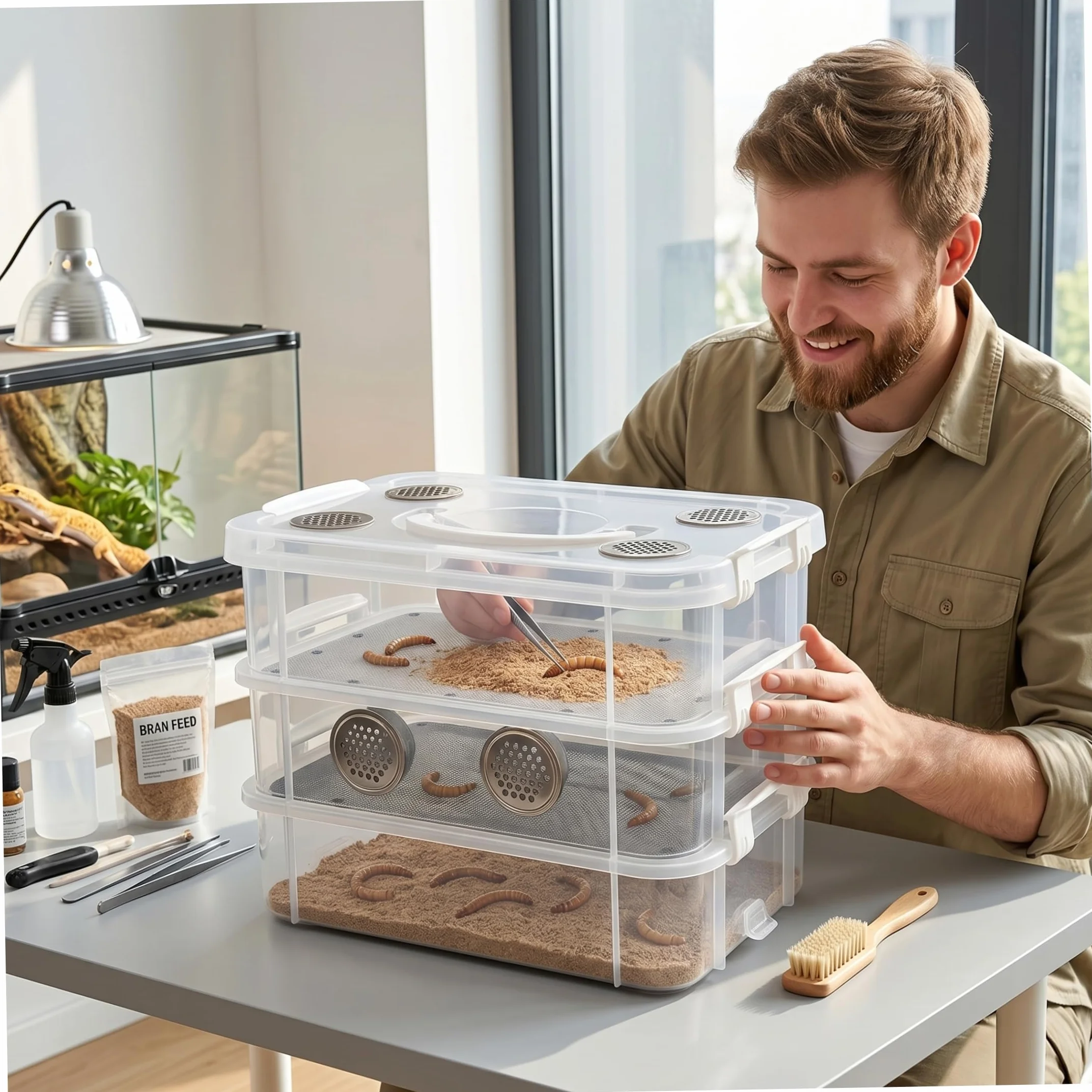 Kit de granja de gusanos, kit de cría de gusanos de la harina, hábitat de plástico transparente con doble ventilación, cerraduras antiescape y accesorios fáciles de limpiar