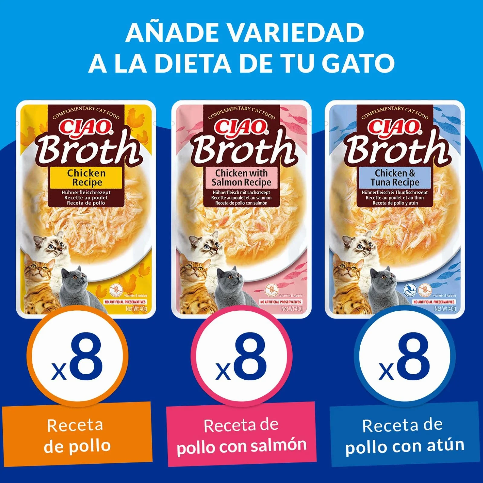 INABA Ciao Broth Gatos - Receta Saludable de Caldo de Pollo, 3 Sabores Diferentes - Comida Húmeda con Tiras de Pollo, Salmón y Atún - Natural, sin Cereales - 960g (24 Sobres x 40g)