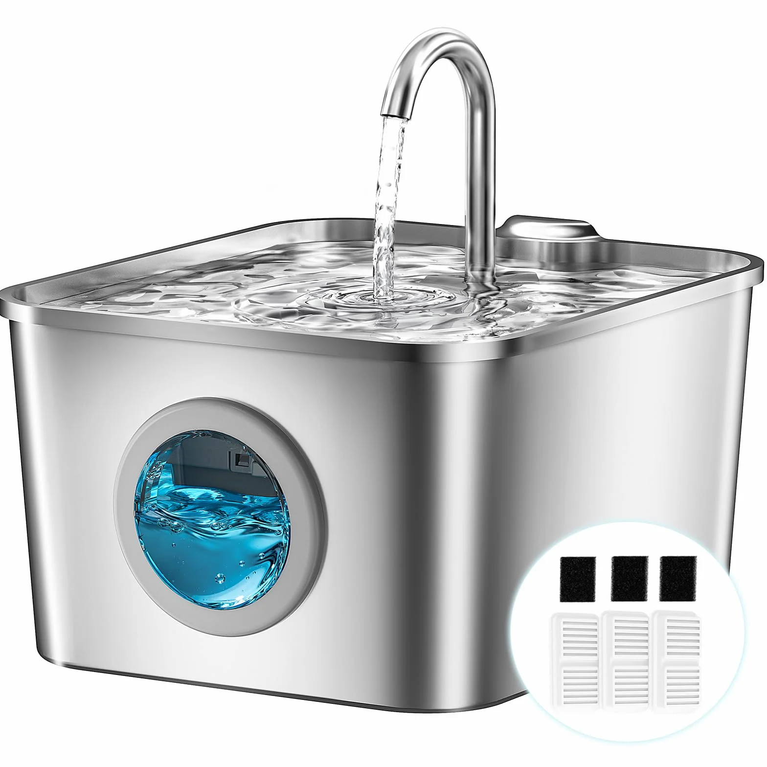 Fuente para Gatos Acero Inoxidable - 2,6L Bebedero Gatos Automatico Estilo Grifo Súper Silenciosa con Cable, Cuádruple Filtración, Fácil de Limpiar, con LED 3 Filtros y 3 Esponjas