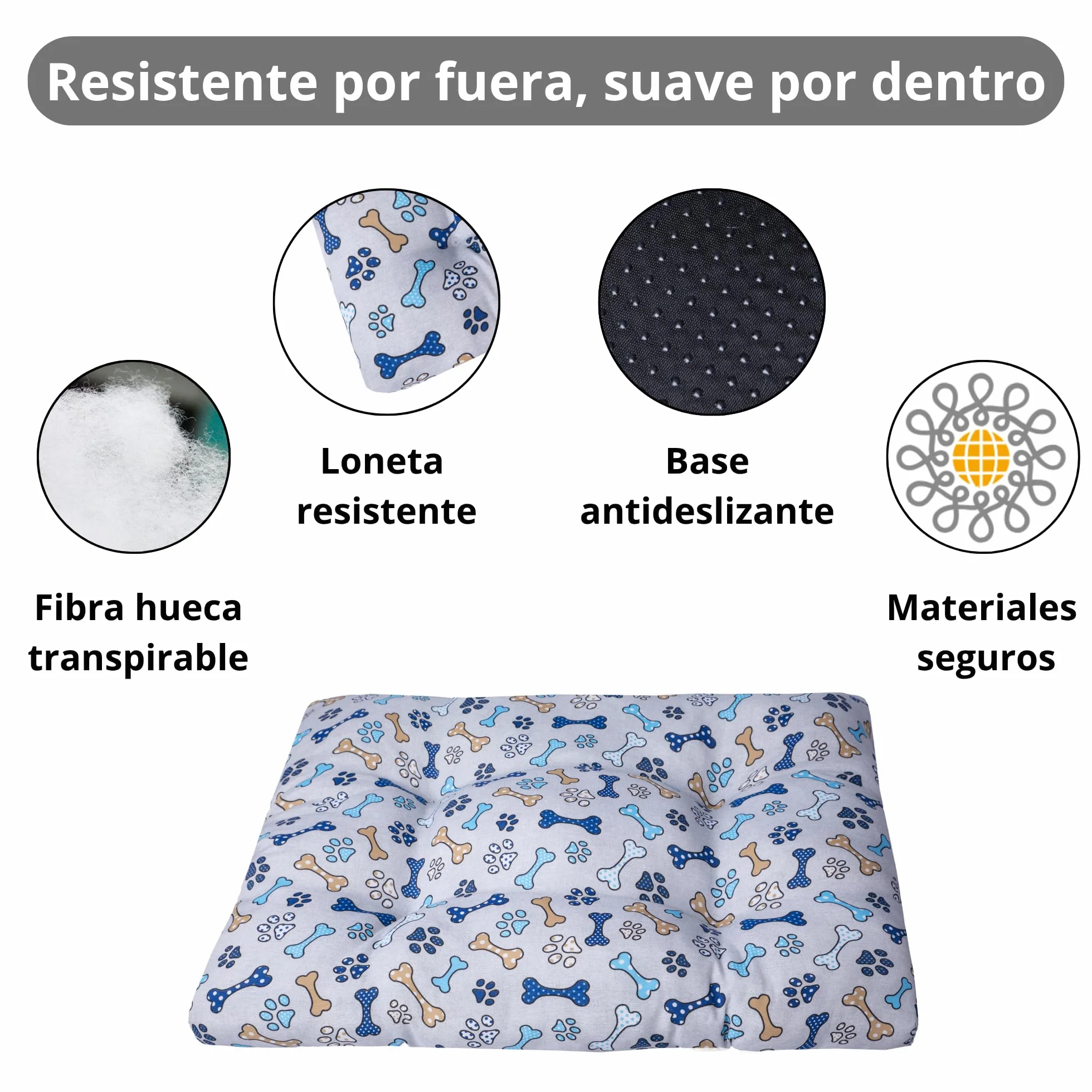Cama Perro pequeño - Colchón Fibra Suave y Transpirable - Tejido loneta Resistente antipelos - Base Antideslizante - Lavable y Ligera - Hecho en España 50X70X8 Huesos +Cotes