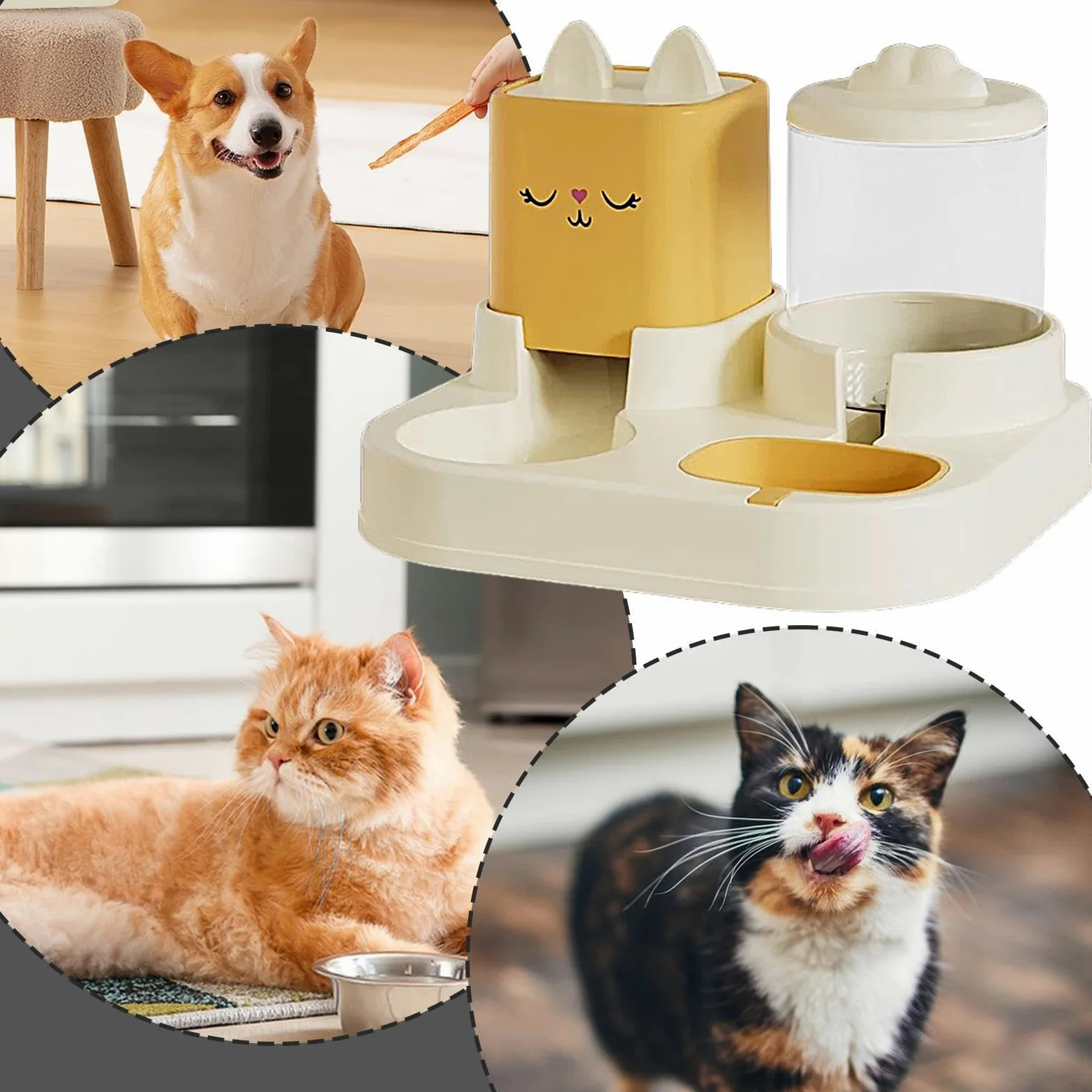 Comedero automático para Mascotas Juego de comedero y Bebedero for Gatos, comedero y Bebedero for Mascotas, Cuencos Dobles con Bebedero automático.(Yellow)