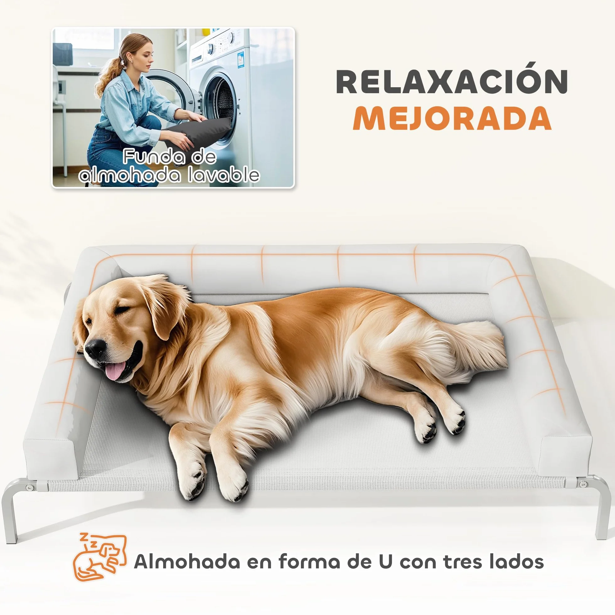 PawHut Cama Elevada para Perros Refrescante con Refuerzos Extraíbles Cama Elevada para Perros Grandes Portátil con Malla Transpirable Marco de Acero para Interior Exterior 130x90x30 cm Gris Claro