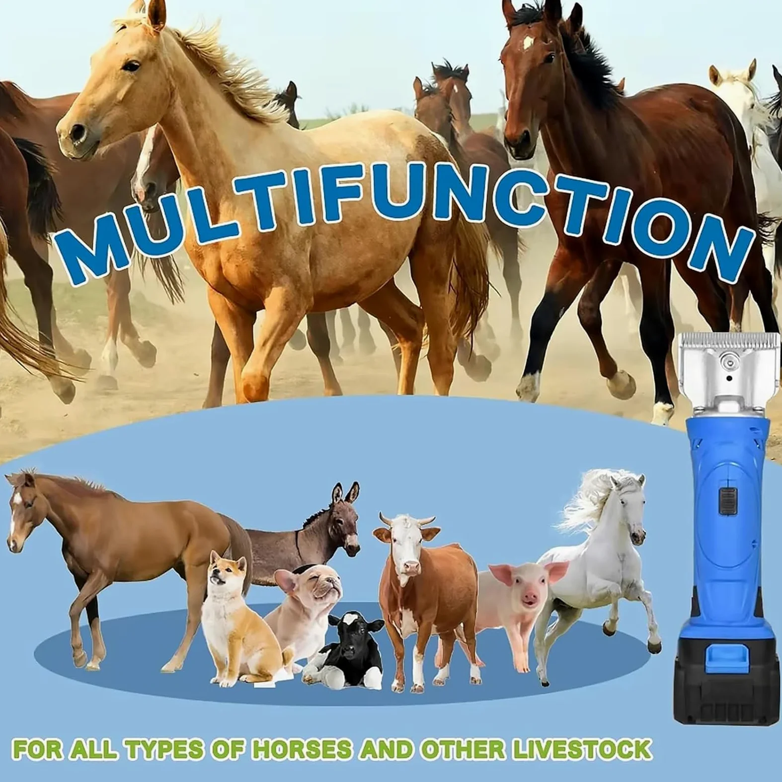 Esquiladora Inalámbrica para Caballos 500W, Cortadora Eléctrica de Grooming con 2 Baterías, Ajustable en 6 Velocidades, Cuchillas Desmontables de Acero al Carbono, para Caballos y Ponis de Pelo Grueso