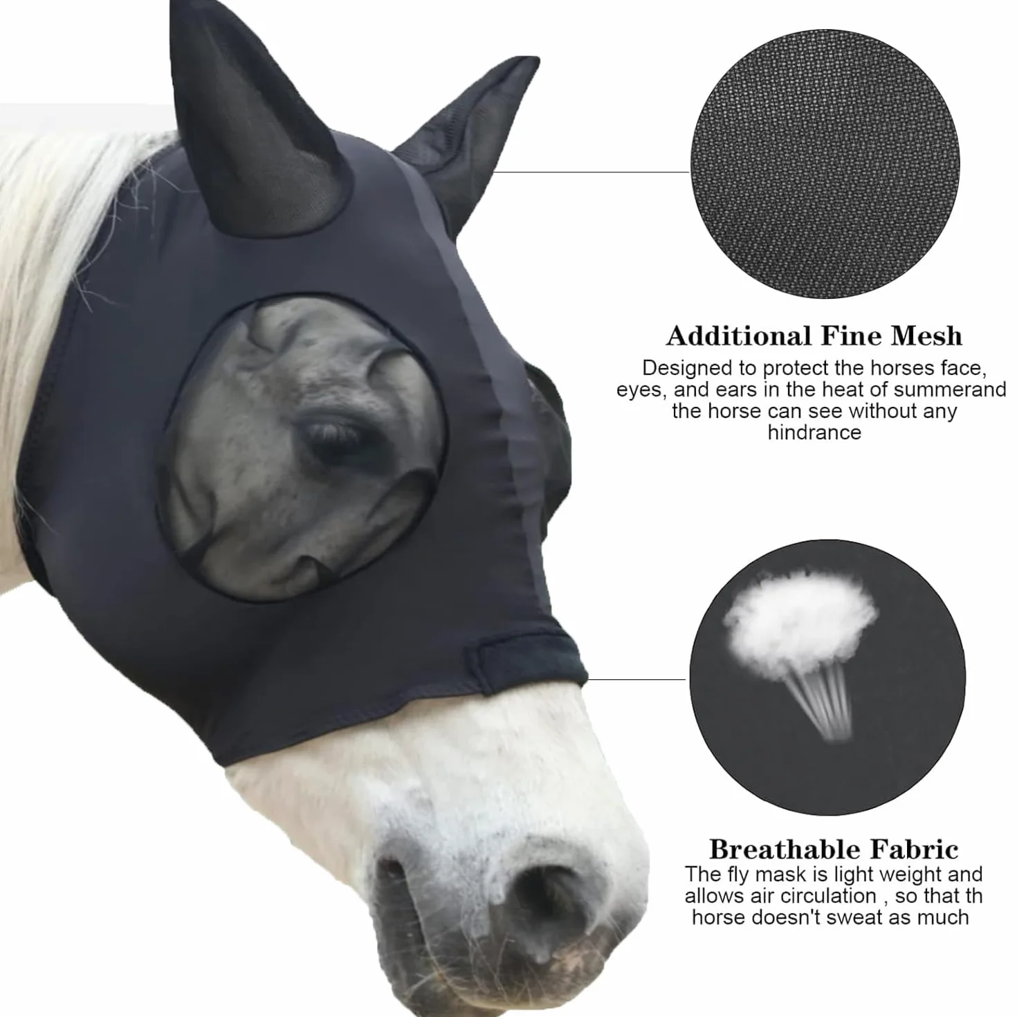 Máscara Anti-Moscas Protección con Orejas, Elasticidad Máscara de Mosca, Máscara Anti Moscas para Caballo, Excelente Comodidad con Protección UV, Máscara Estándar para Caballos