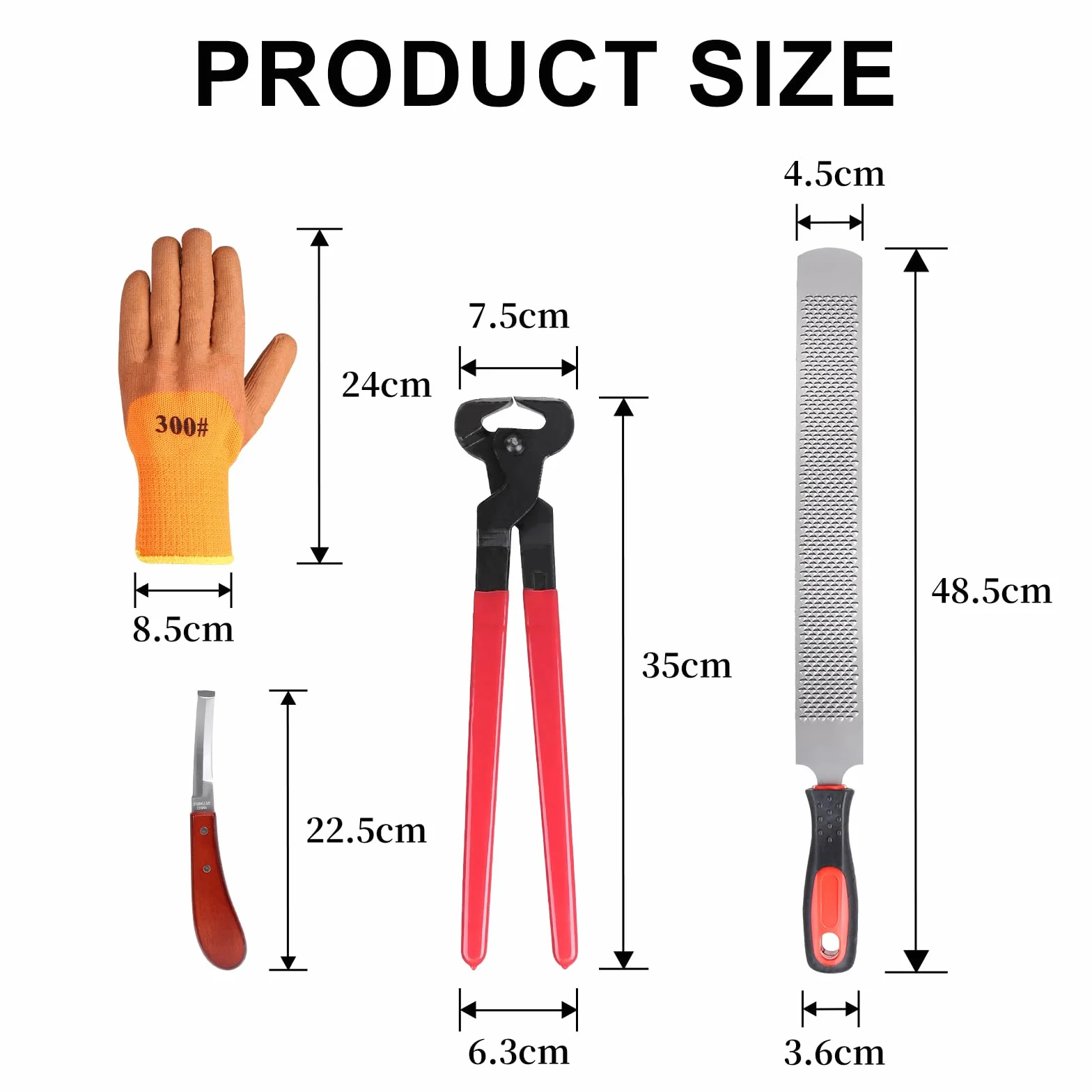 LALAGO Kit de Herramientas Profesionales para Recorte de Casco de Caballo de 4 Piezas, Cuchillo para Casco, Cortador de Casco, Raspador de Casco con Mango de Goma, Guantes
