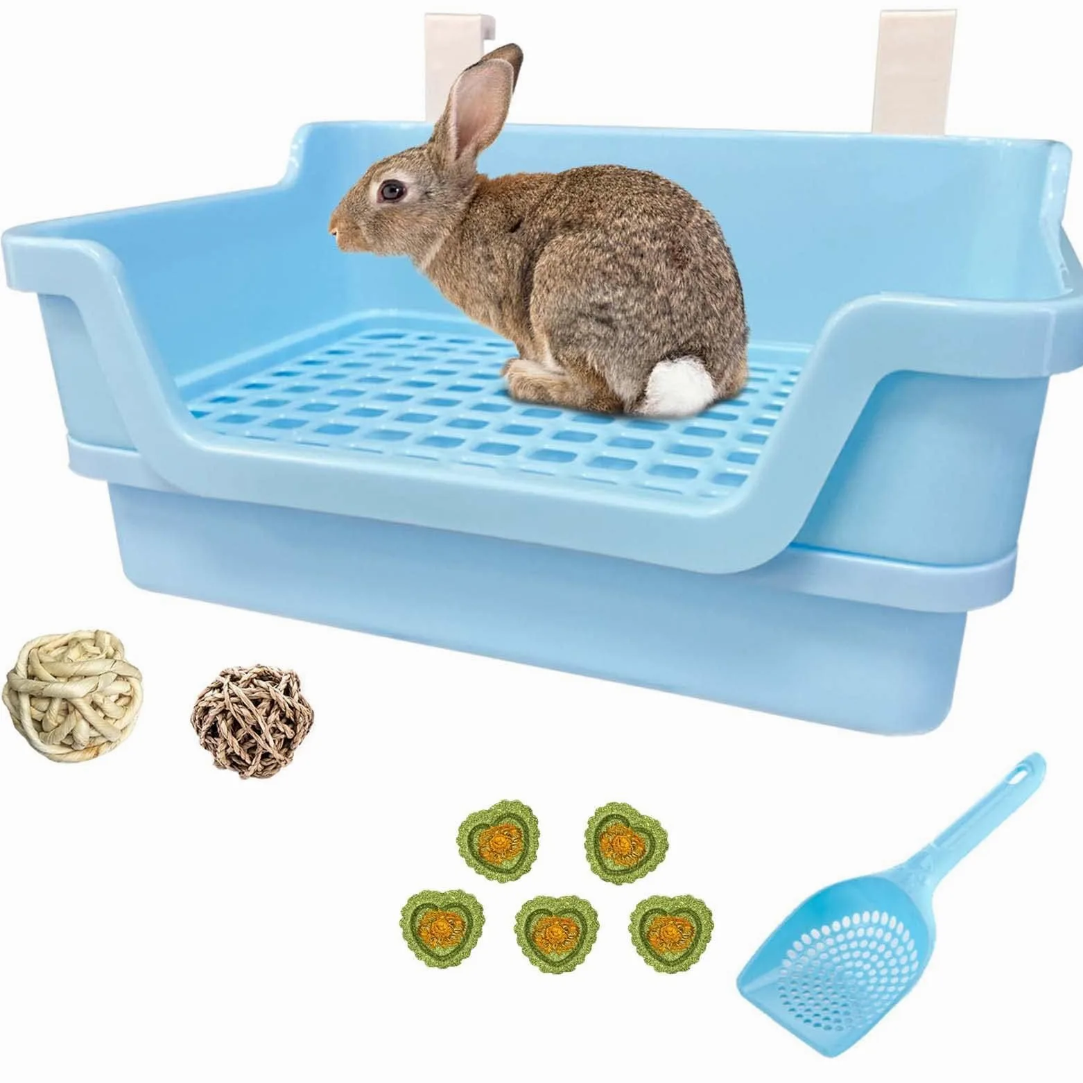 PINVNBY Caja de arena grande para conejos, caja de inodoro de esquina de conejo profundo, doble piso, entrenador de orinal con ganchos para adultos, conejillo de indias, chinchilla, hurón, ardilla