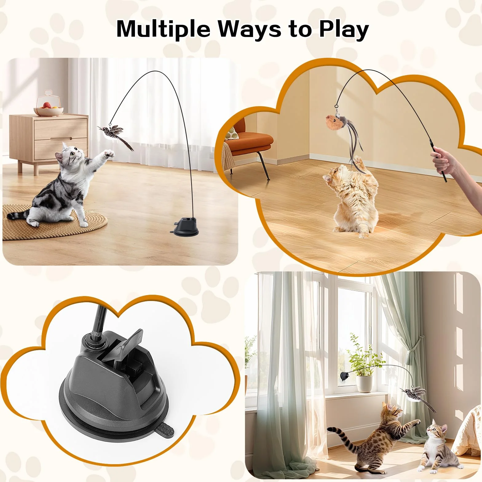 AiQInu 4 Piezas Juguetes para Gatos, Interactivo Juguete Gato con Ventosa, 1 Caña de Pescar para Gatos con 2 Campanas para Pájaros, Cat Toys Varita Mágica