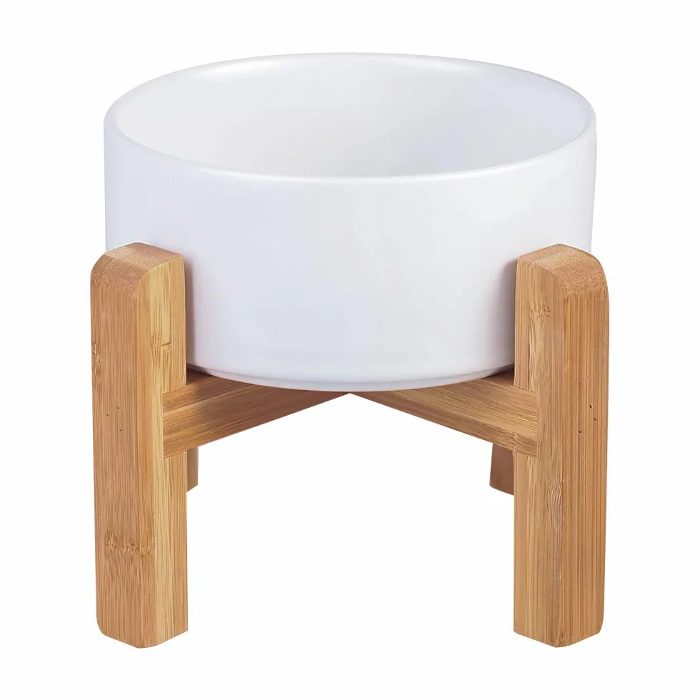 Blanca Ceramica Comedero Elevado Perro y Comedero Gato - 850 ml - En un Elegante Soporte de bambú - También Adecuado para Perros Grandes/Grandes felinos
