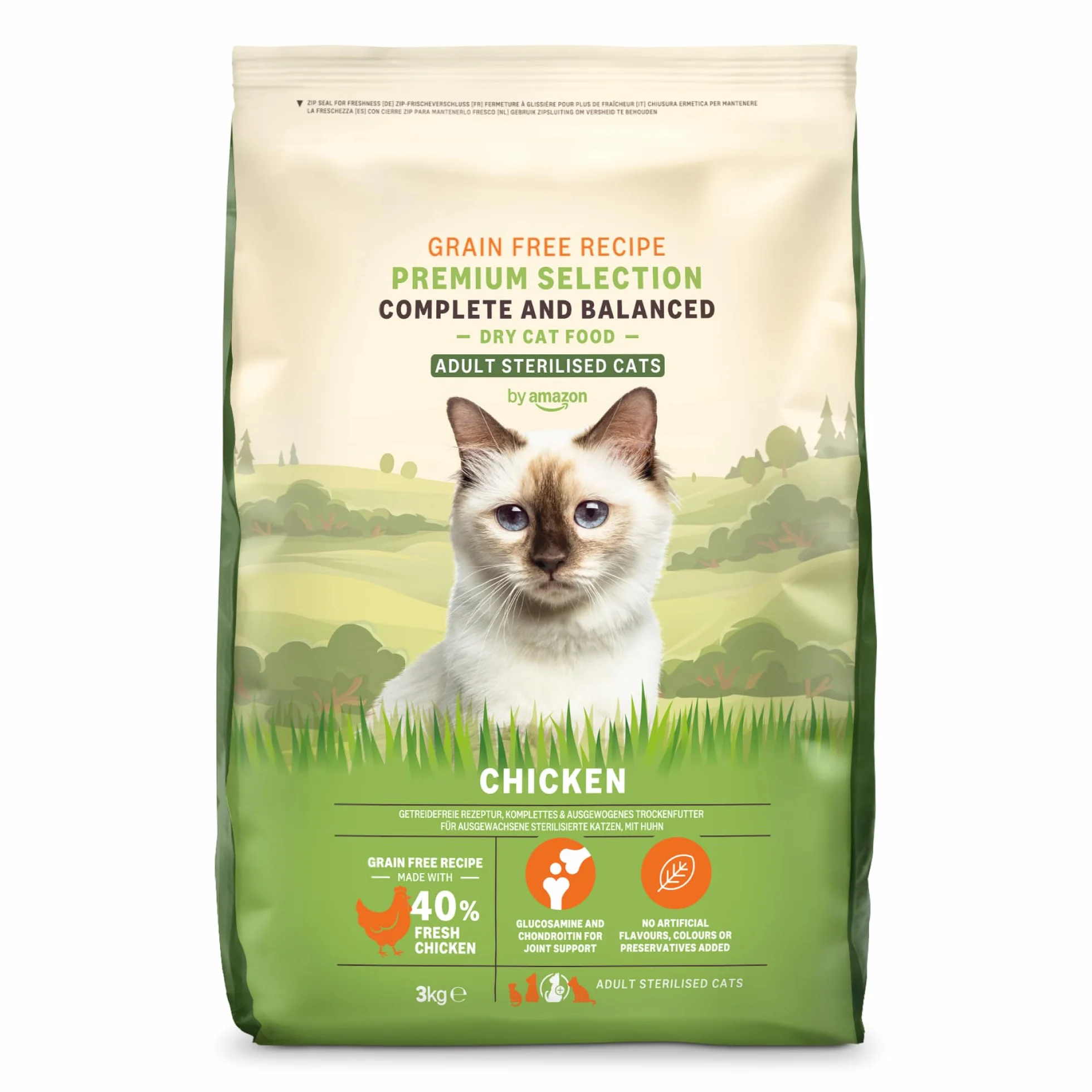 by Amazon Alimento seco para gatos adultos esterilizados con pollo fresco, receta sin cereales, 3 kg (Paquete de 1) (Anteriormente una marca Lifelong, el mismo producto)