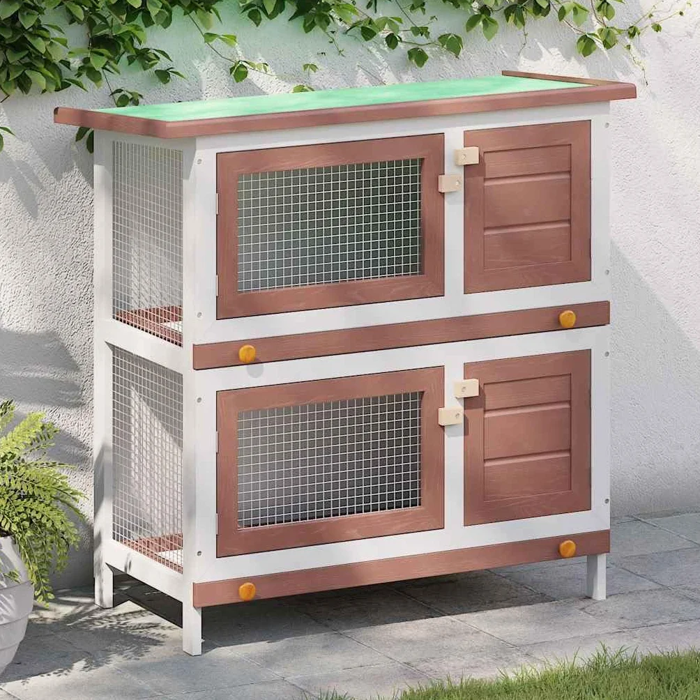 Conejera de 2 niveles de madera con 4 puertas, color marrón, 90 x 45 x 90 cm, con rejilla de alambre y cajones para interior y jardín