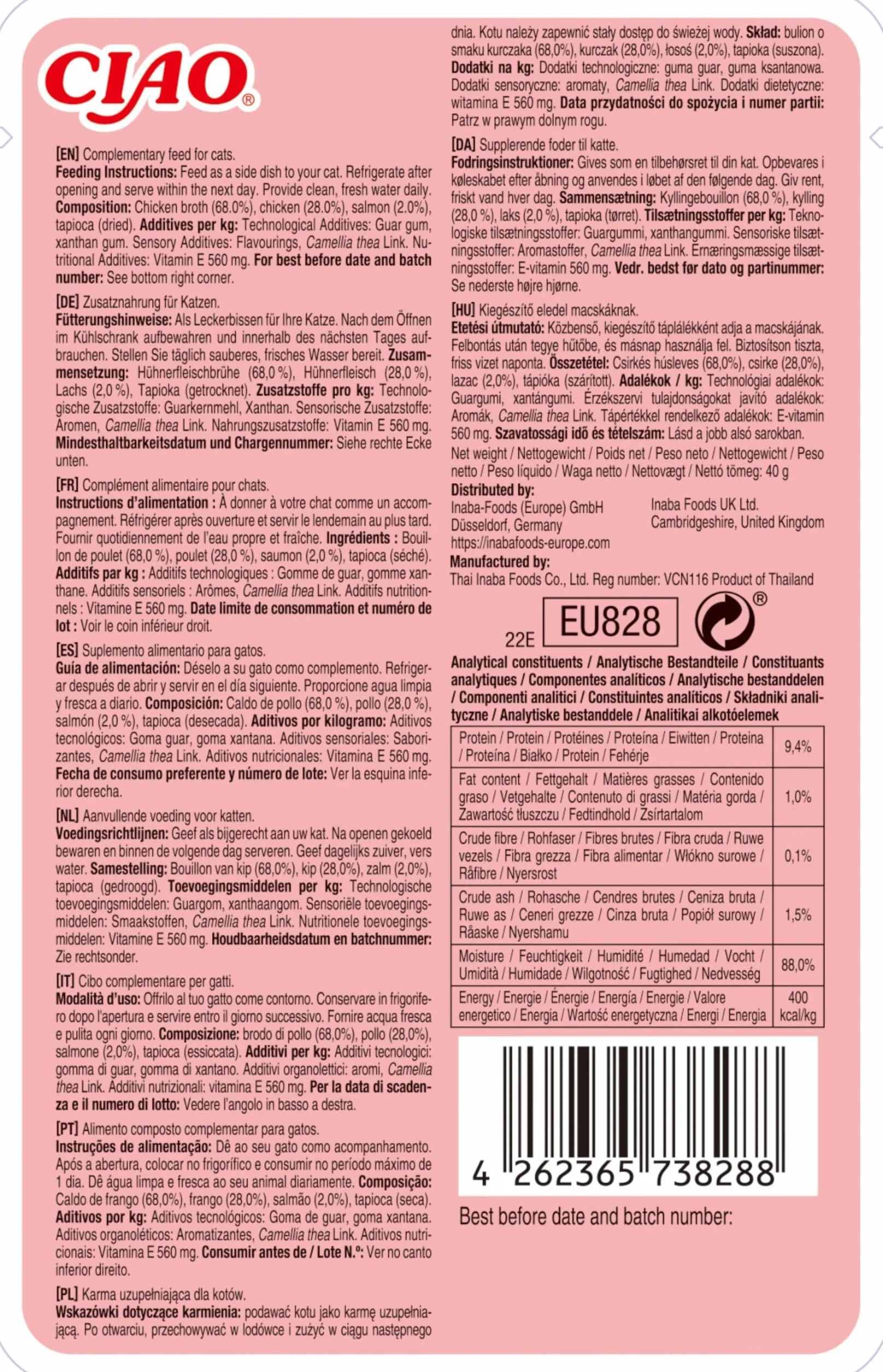 INABA Churu Broth - Caldo para Gatos - Snacks Receta Pollo y Salmón - Premios con Proteínas Animales - Sin Cereales, Conservantes, Colorantes - Sólo 16Cal - 40g