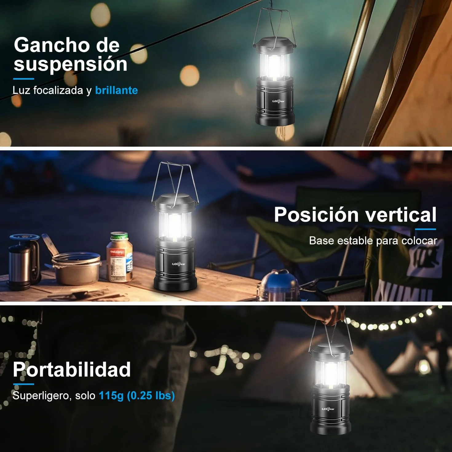 Linternas LED recargables plegables para camping emergencia huracán negro