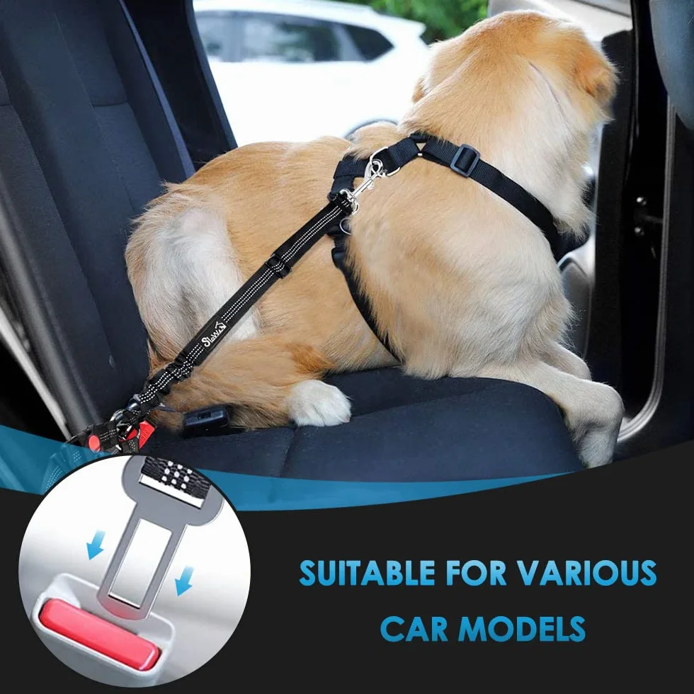 SlowTon Cinturón de seguridad para perro, 2 unidades, arnés de seguridad ajustable con amortiguador elástico elástico, correa de coche 2 en 1 para mascotas, reposacabezas reflectante (negro