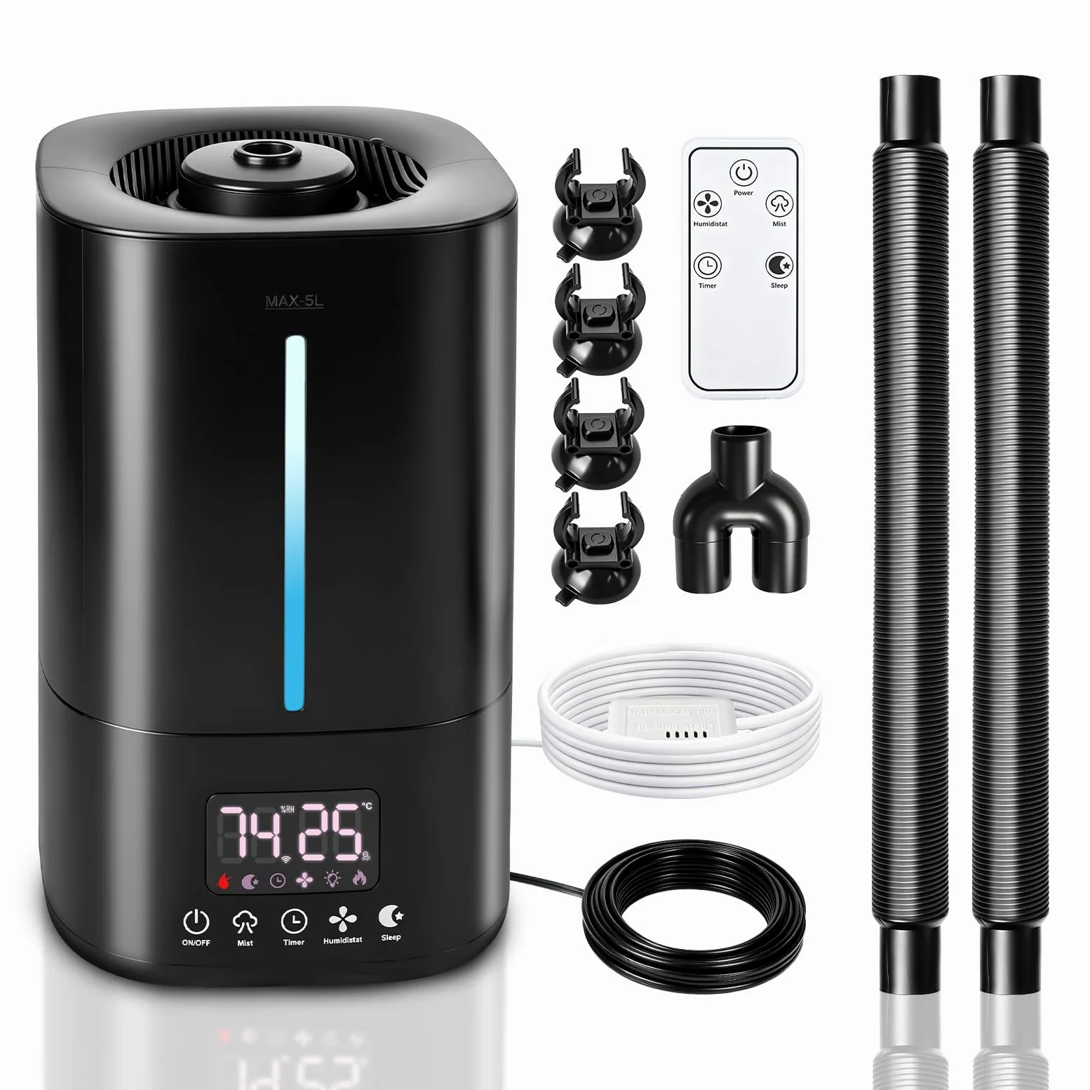 Humidificador para reptiles, nebulizador de terrario de 5 litros, humidificador automático para reptiles, humidificador ultrasónico silencioso con control remoto y tubo extensible para