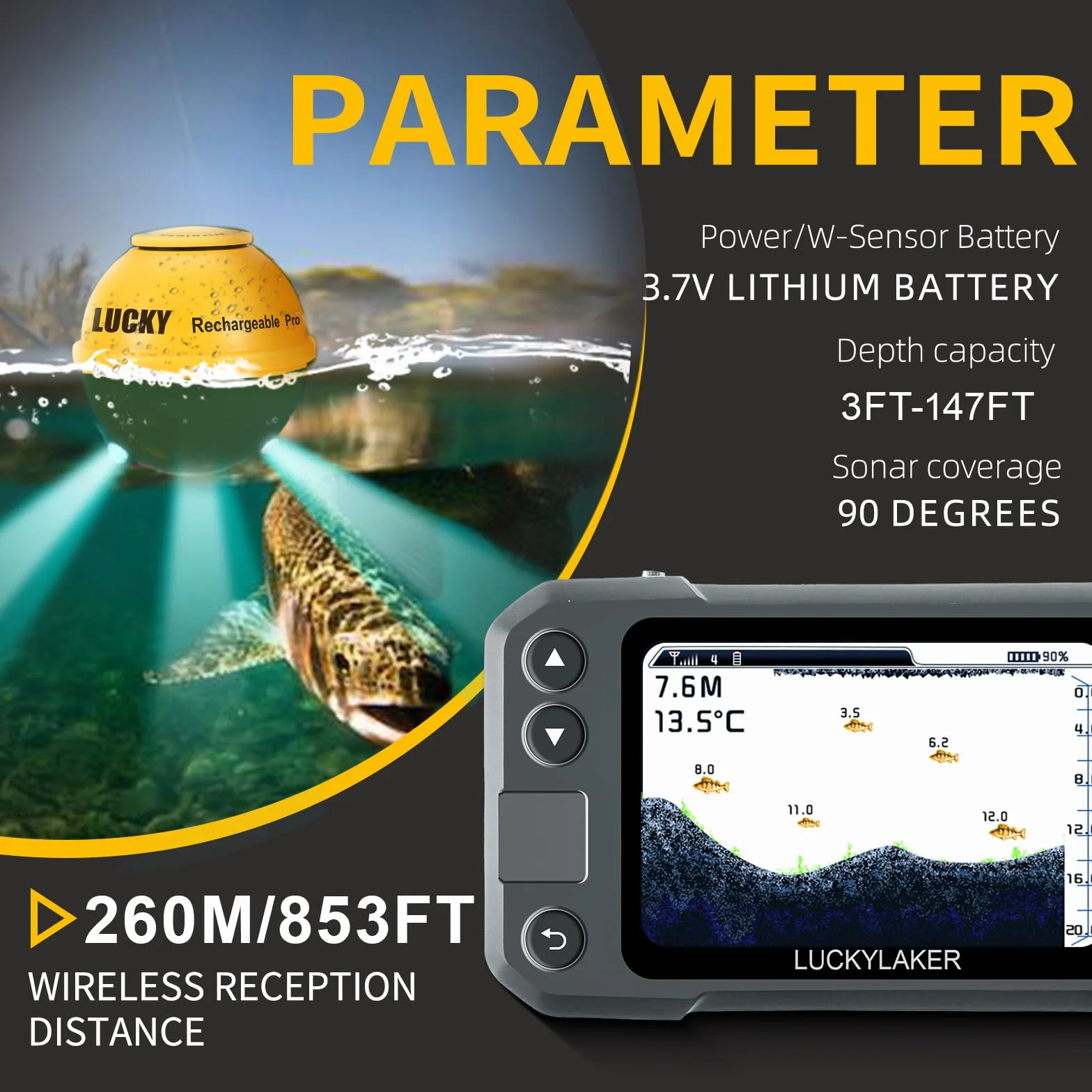 LUCKY Transductor Portátil Detector de Peces Sonar Inalámbrico MT-202 Para Kayak Embarcaciones Pesca