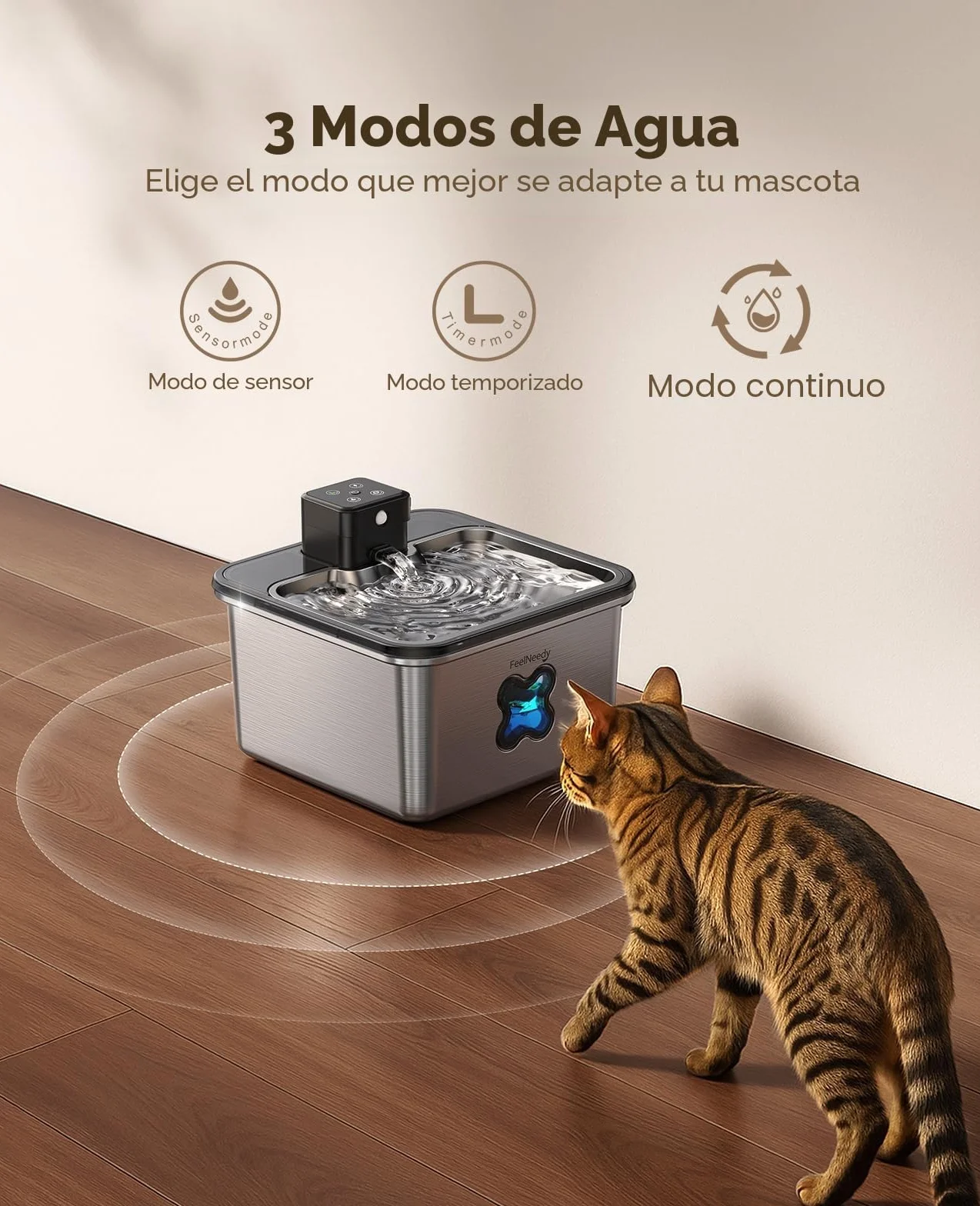 FEELNEEDY Fuente para Gatos sin Cable, 3.2L Bebedero Gatos en Acero Inoxidable con Sensor de Movimiento, Visualización del Filtro, Apta para Lavavajillas, 4000mAh Batería Recargable