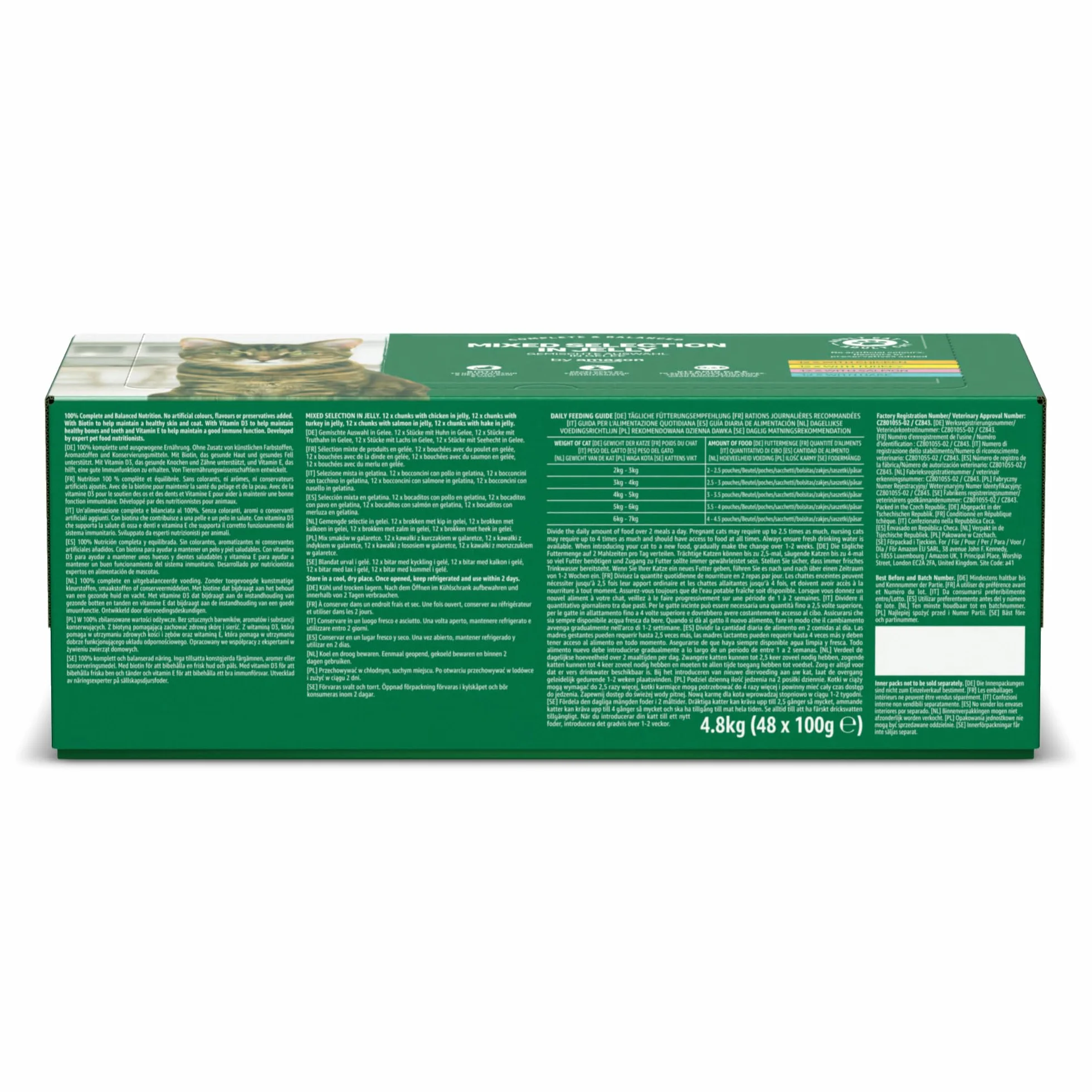 by Amazon - Alimento Completo sin Cereales para Gatos Adultos, selección mezclada en gelatina, 4,8 kg (48 Paquetes de 100 g)