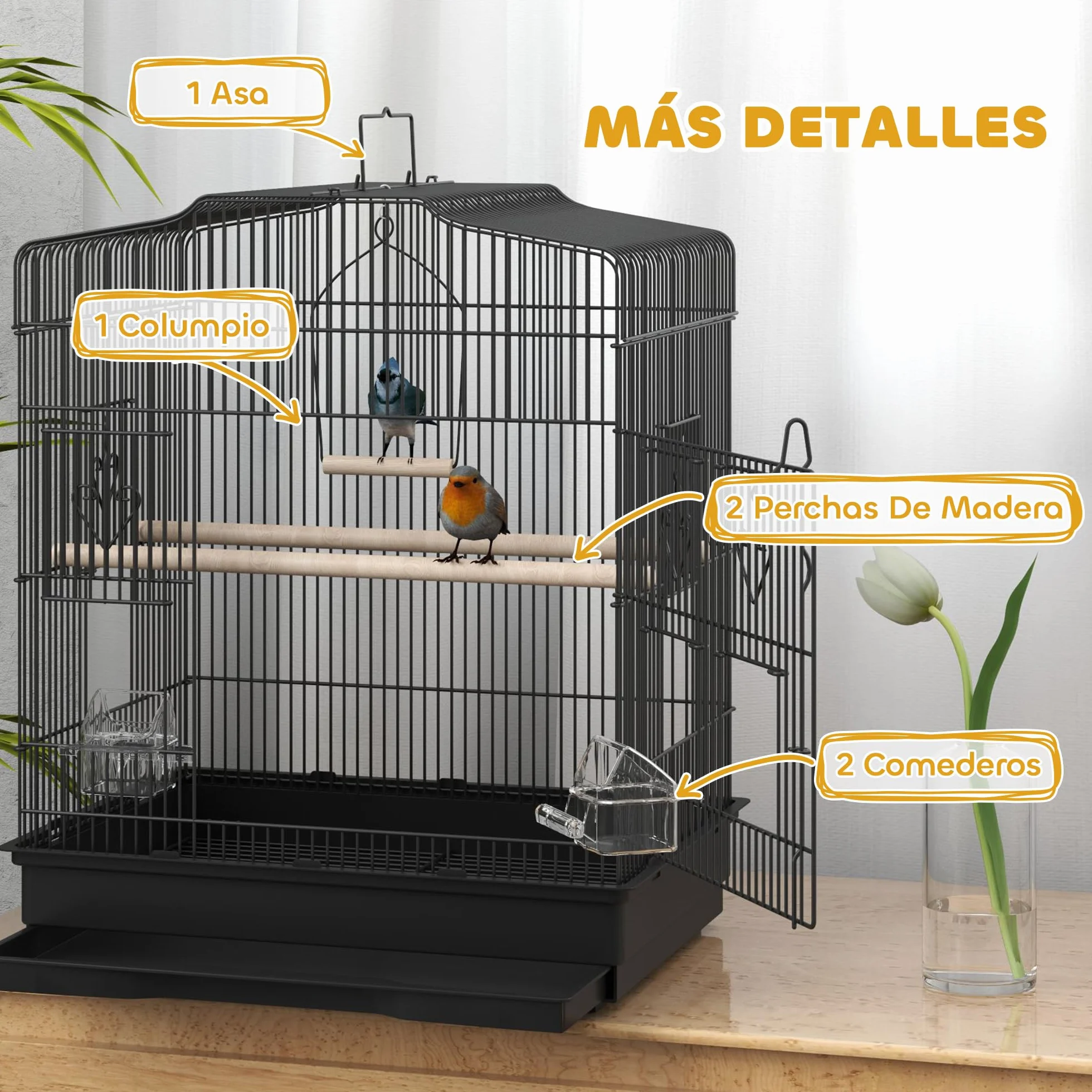 PawHut Jaula para Pájaros, Jaula de Acero para Pájaros con Puertas, 2 Comederos, 2 Perchas, Columpio, Bandeja Extraíble y Asa de Transporte, para Loro, Canario, Periquito, 46,5x36x59 cm, Negro