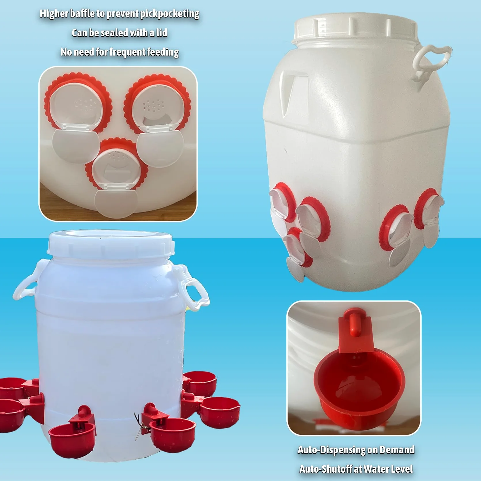 Comedero Automático 50L y Bebedero 10L para Gallinas/Patos - Diseño HDPE Antidesperdicio con Tapa Bloqueable, Sistema de Alimentación Inteligente para Granjas(Size:50L+10L)