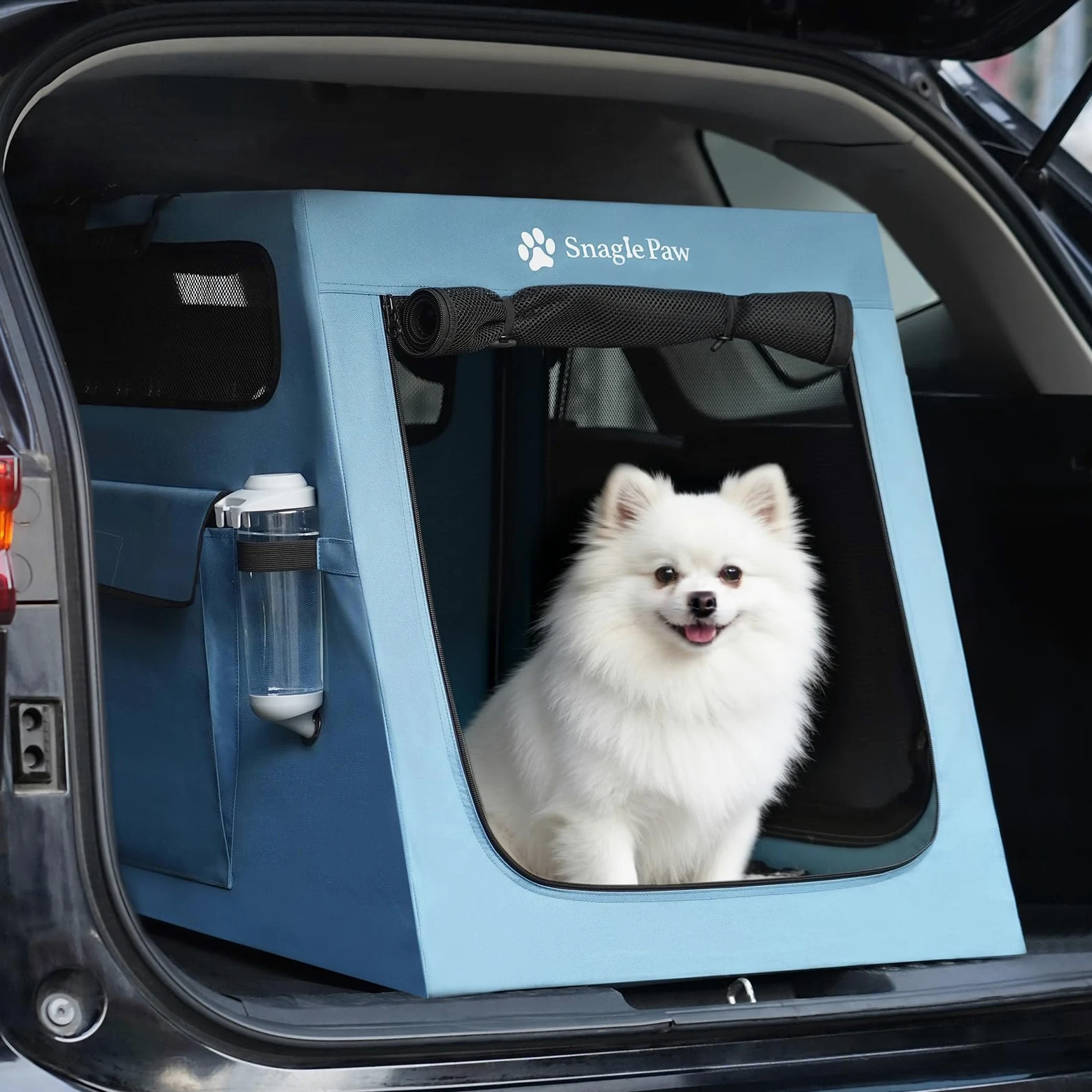 Snagle Paw Jaula portátil para perros para viajes en coche, plegable, grande, con marco de metal y ventanas de malla de 3 puertas, se asegura en el maletero/asiento trasero, transportador de perrera