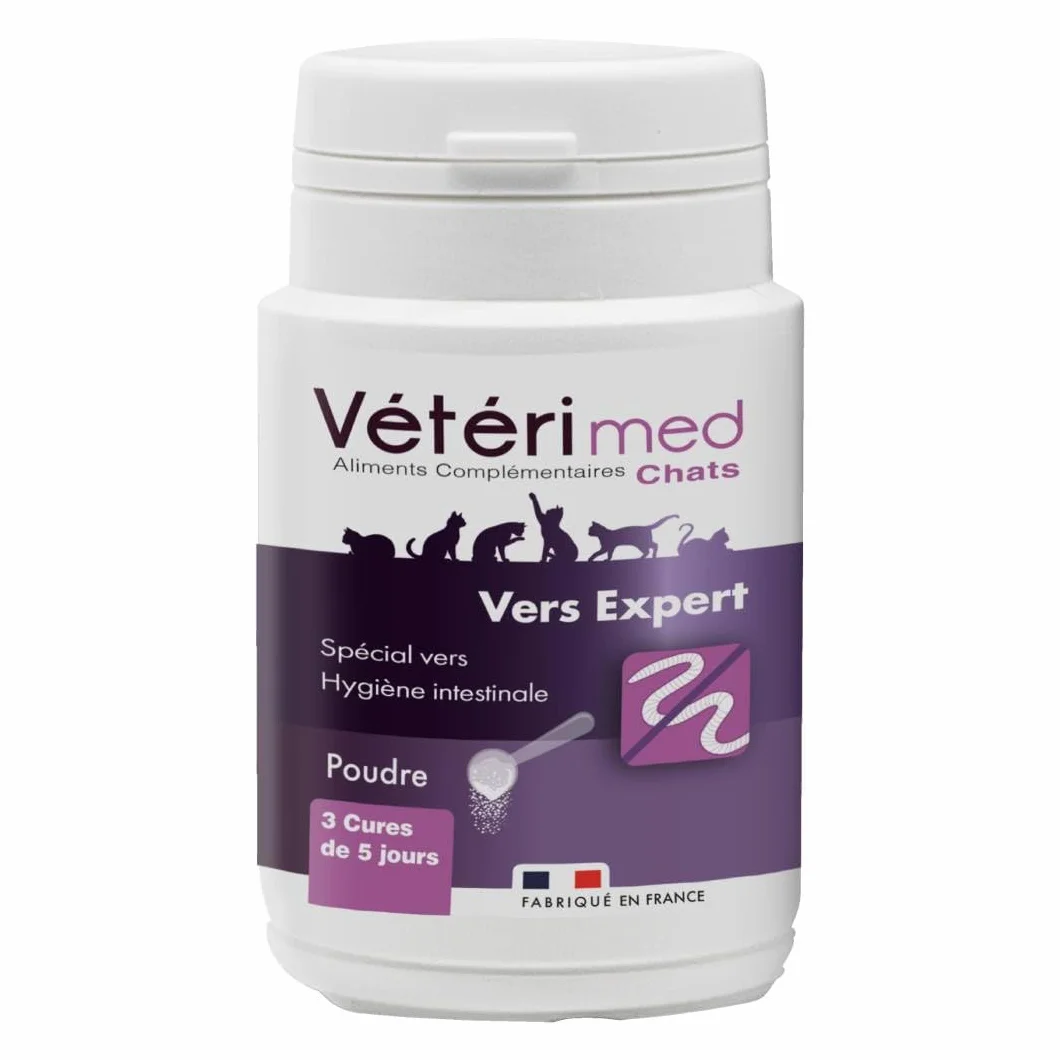 Desparasitante para Gatos Vétérimed, Higiene intestinal y Bienestar General, Fabricado en Francia, Polvo Natural