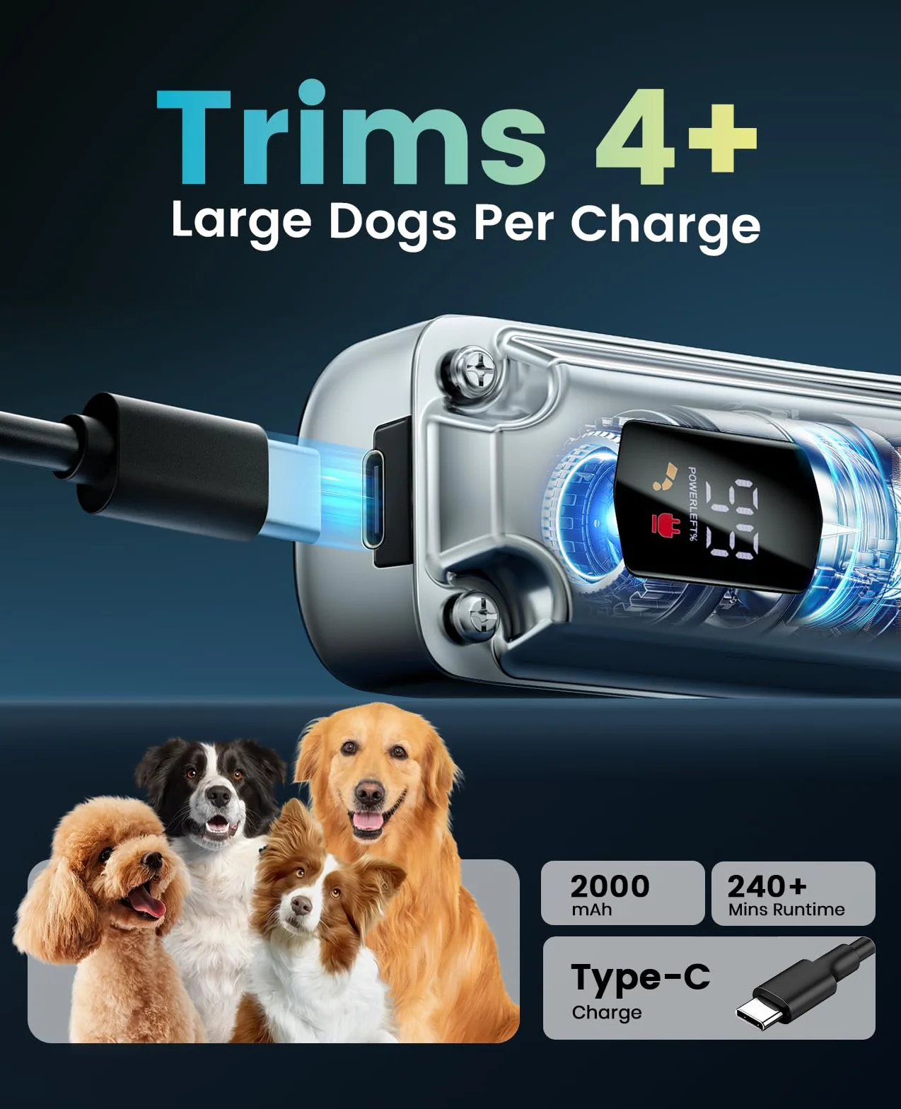 oneisall Cortapelos para perros para el aseo del pelo grueso, kit de aseo de perros de bajo ruido con hoja de acero inoxidable, afeitadora impermeable para perros grueso/mate/anudado/fino/ondulado