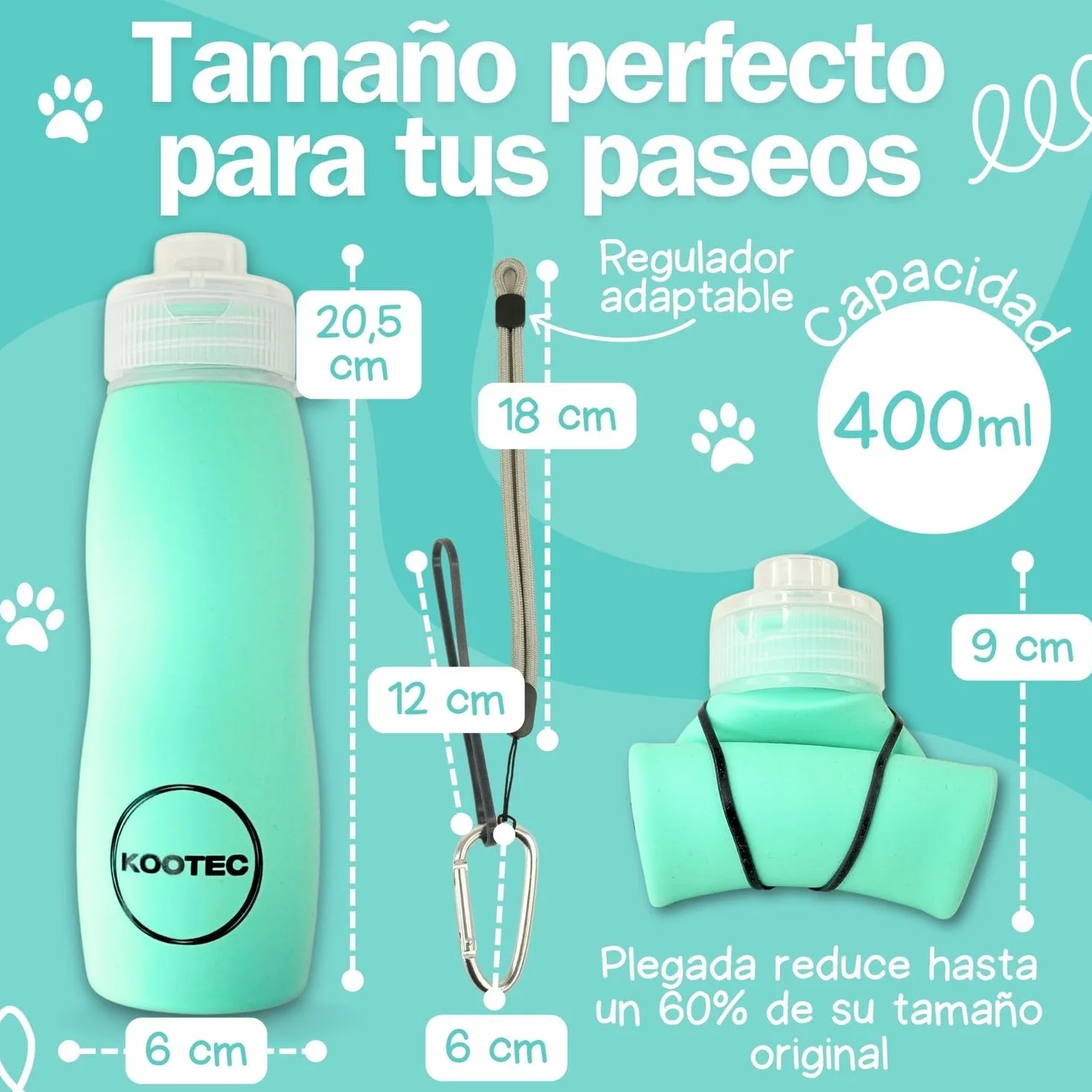 Botella Pipi Perros Silicona Plegable 400ml + Mosquetón + Goma Elástica + Cinta Ajustable 18cm | Botella Pipi Perros Calle con Chorro a Presión Controlable Antigoteo y Portátil (Verde Menta)