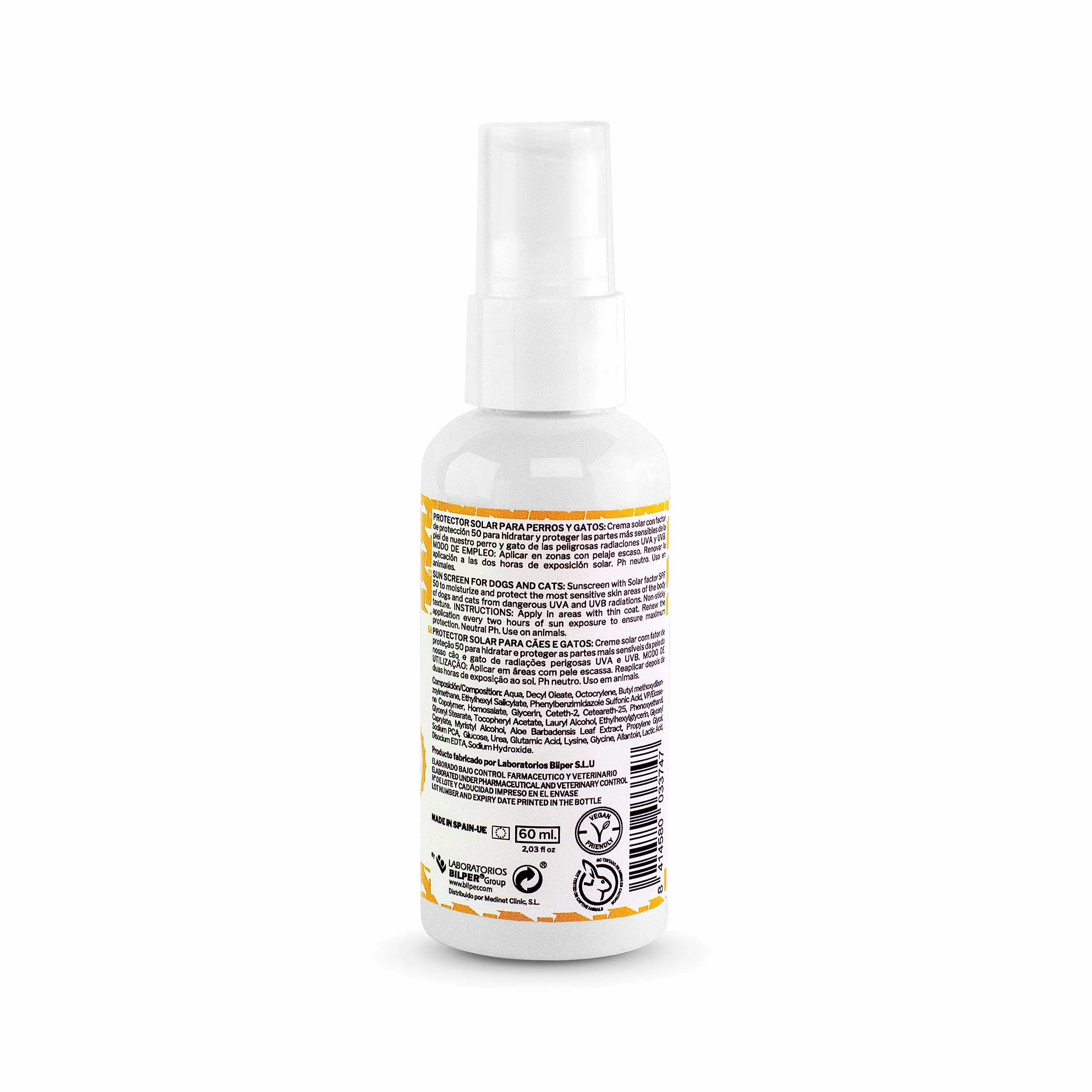 Protector Solar 50 para Perros y Gatos - 60 ml - Máxima Protección Solar - Resistente al Agua - Hidrata y Protege - pH Neutro
