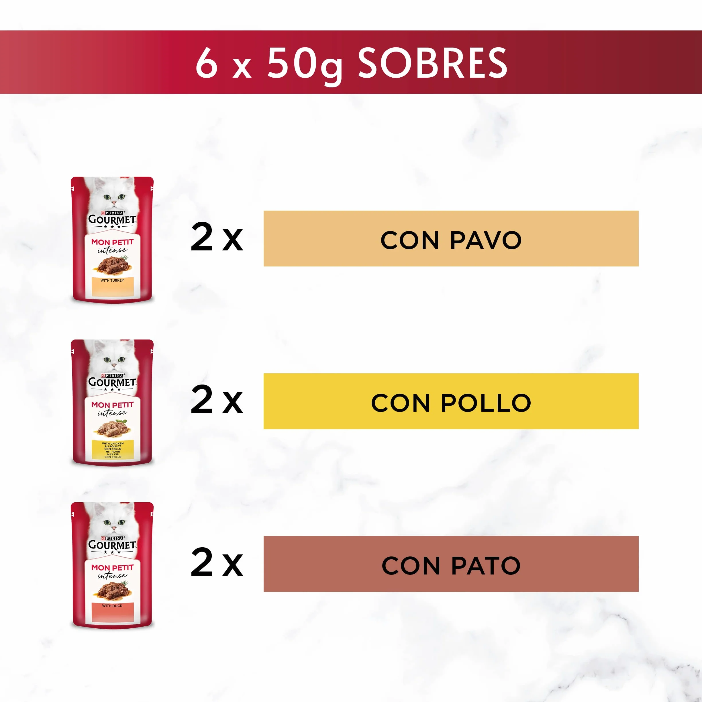 GOURMET Mon Petit, Comida Húmeda para Gato Adulto, Trocitos en Salsa, Surtido de Pavo, Pollo y Pato, 8 Packs de 6 Sobres de 50 g. (48 sobres)