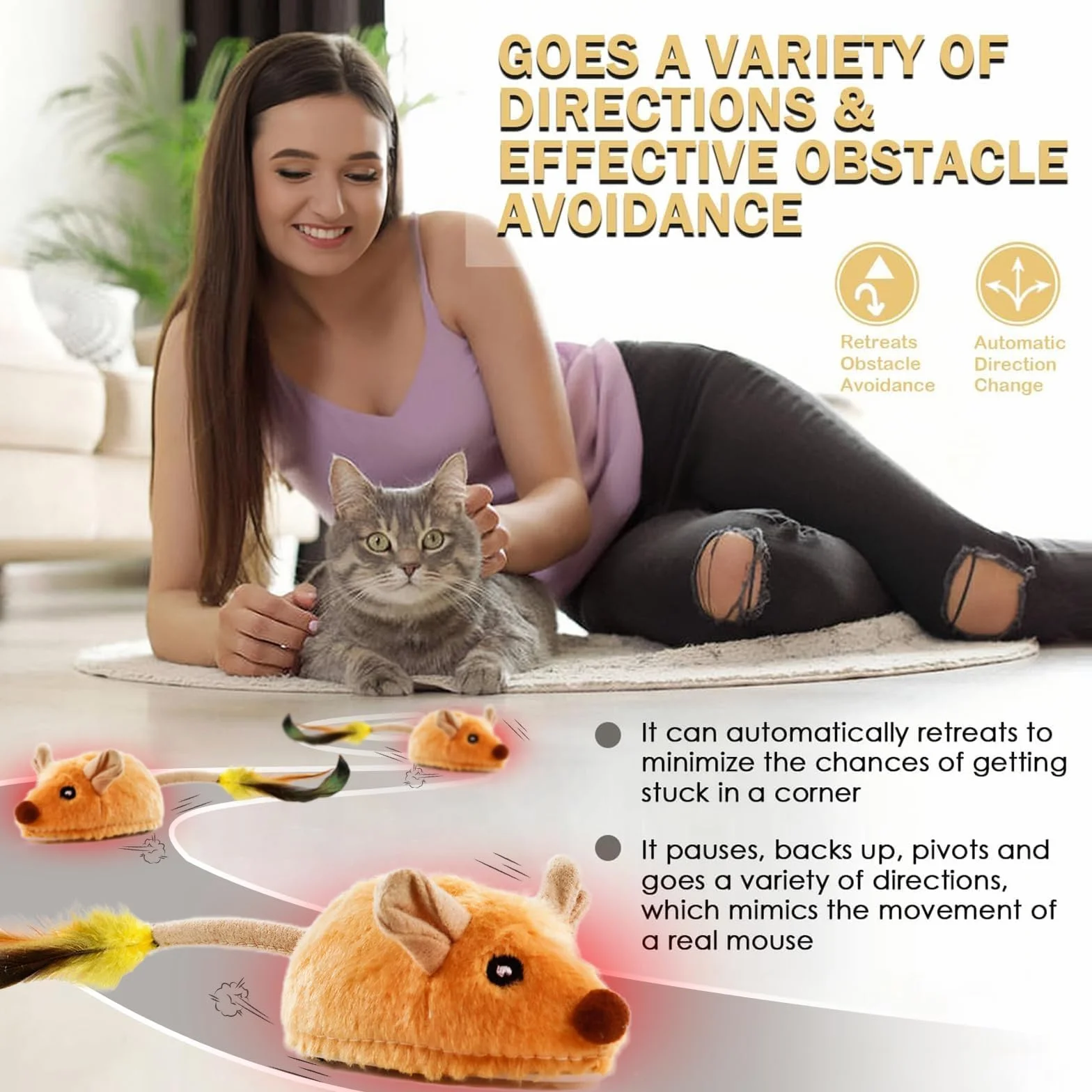 TaimeiMao Ratón de Juguete Eléctrico, Ratón de Simulación Peluche con Cola Emplumada, Juguetes para Gatos Interactivos con Cable USB, Amarillo