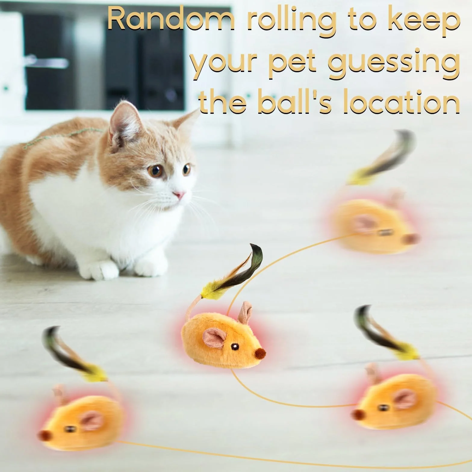 TaimeiMao Ratón de Juguete Eléctrico, Ratón de Simulación Peluche con Cola Emplumada, Juguetes para Gatos Interactivos con Cable USB, Amarillo