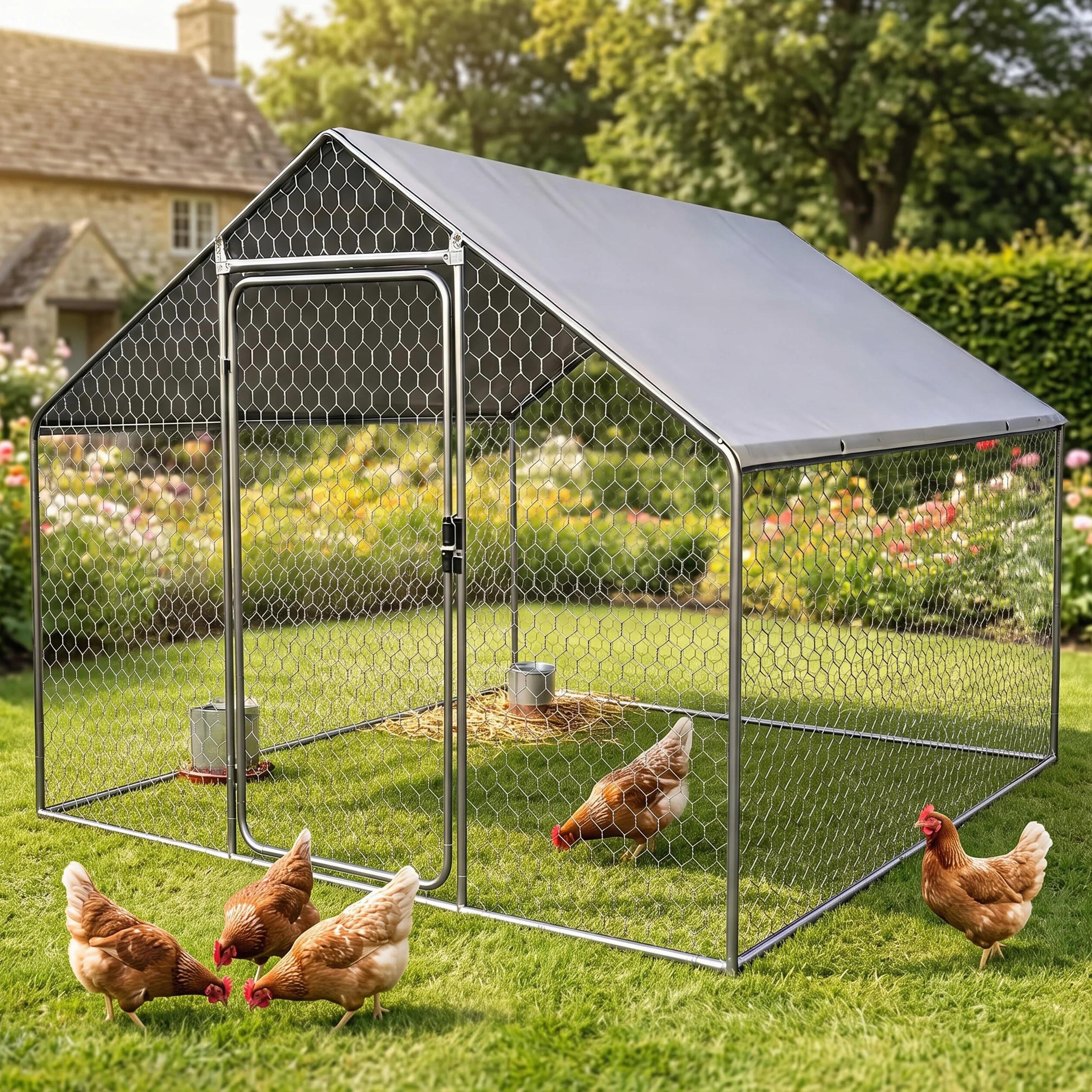 Relaxdays Recinto para Perros 2 x 2 x 3 m, Cubierta Solar, Plata | Pestillos, animales pequeños, aves de corral, gallinero