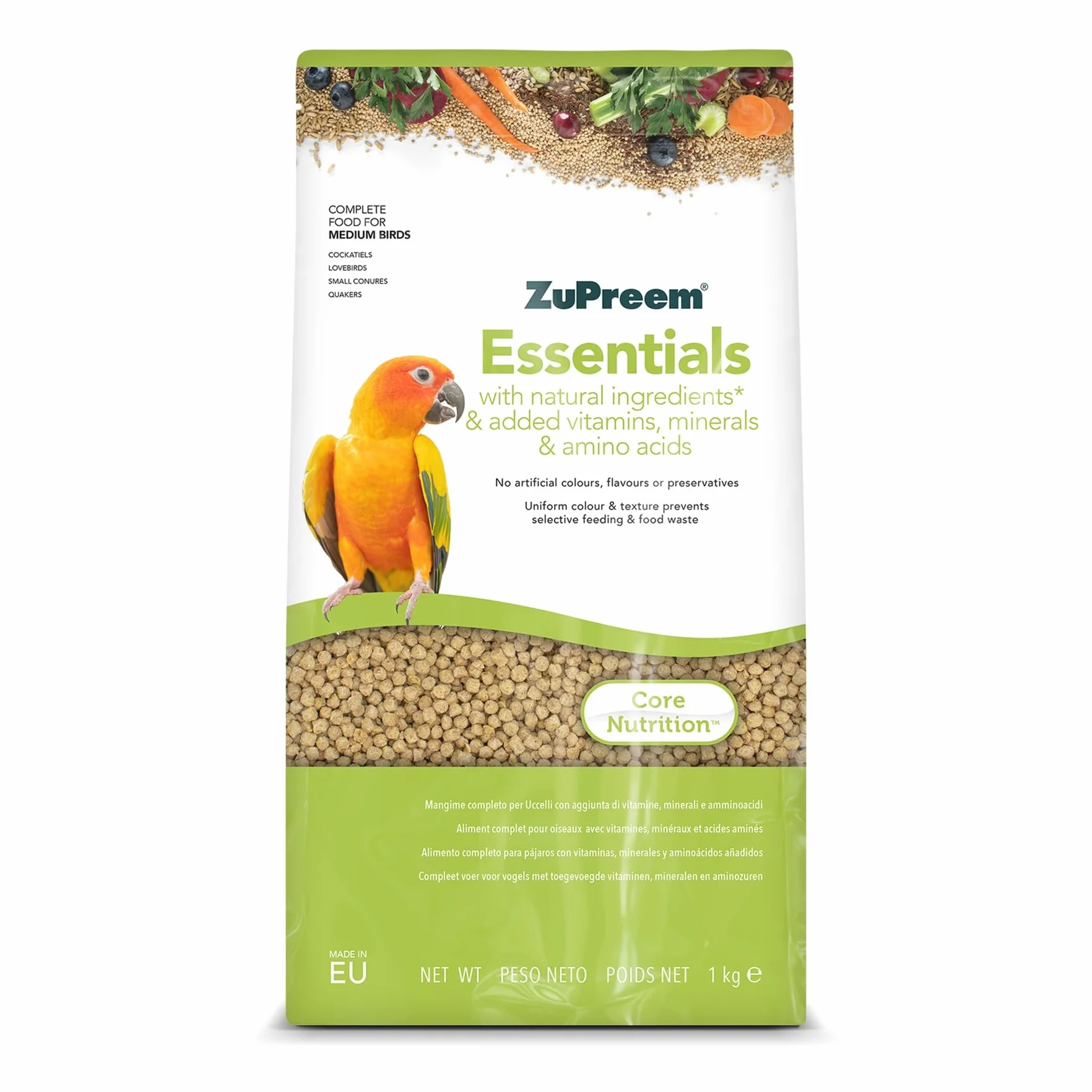 Zupreem Essentials Alimento para Aves de Compañía - Ingredientes Naturales - Pienso para Pájaros Indicado para Agapornis, Cacatúas NINFA, Cotorras Argentinas y Otros Pájaros Medianos - 1 kg