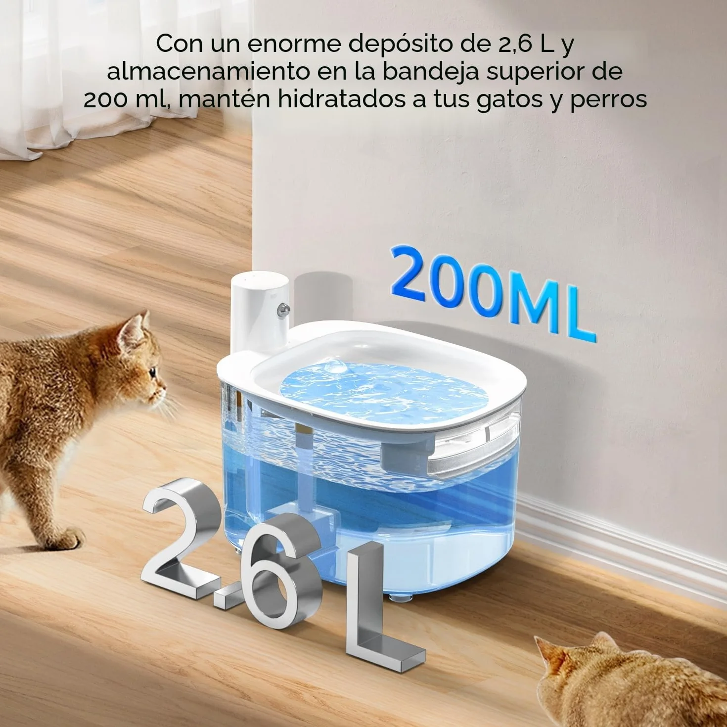 Fuente para Gatos sin Cable a Pila con Sensor de Movimiento, 2.6L Fuente de Agua Fria para Gatos con Bateria 3000mAh Recargable, Bebedero Automático a Prueba de Salpicaduras
