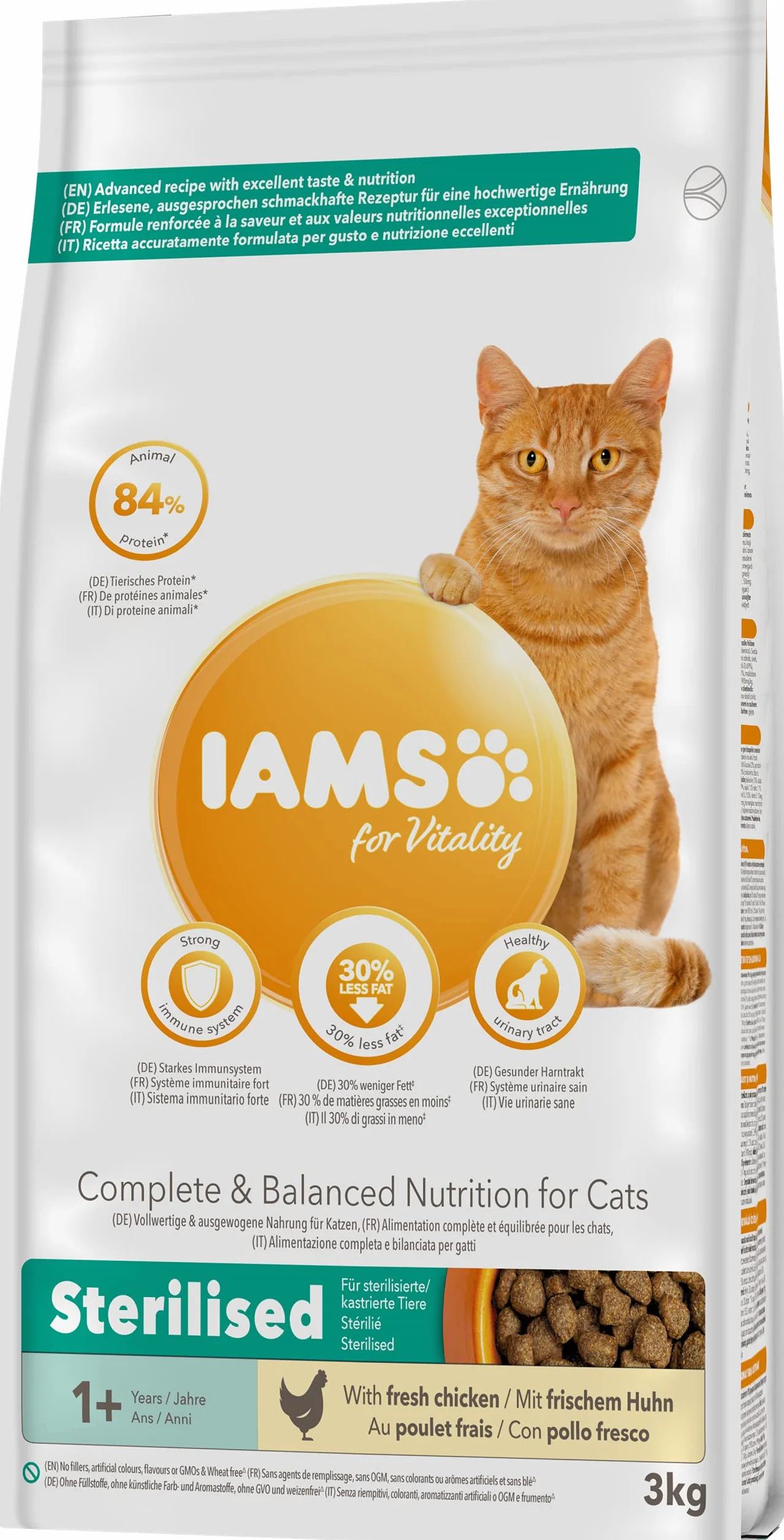 IAMS Alimento seco para gatos esterilizados - comida seca para gatos adultos de más de 1 año con pollo fresco, 3 kg