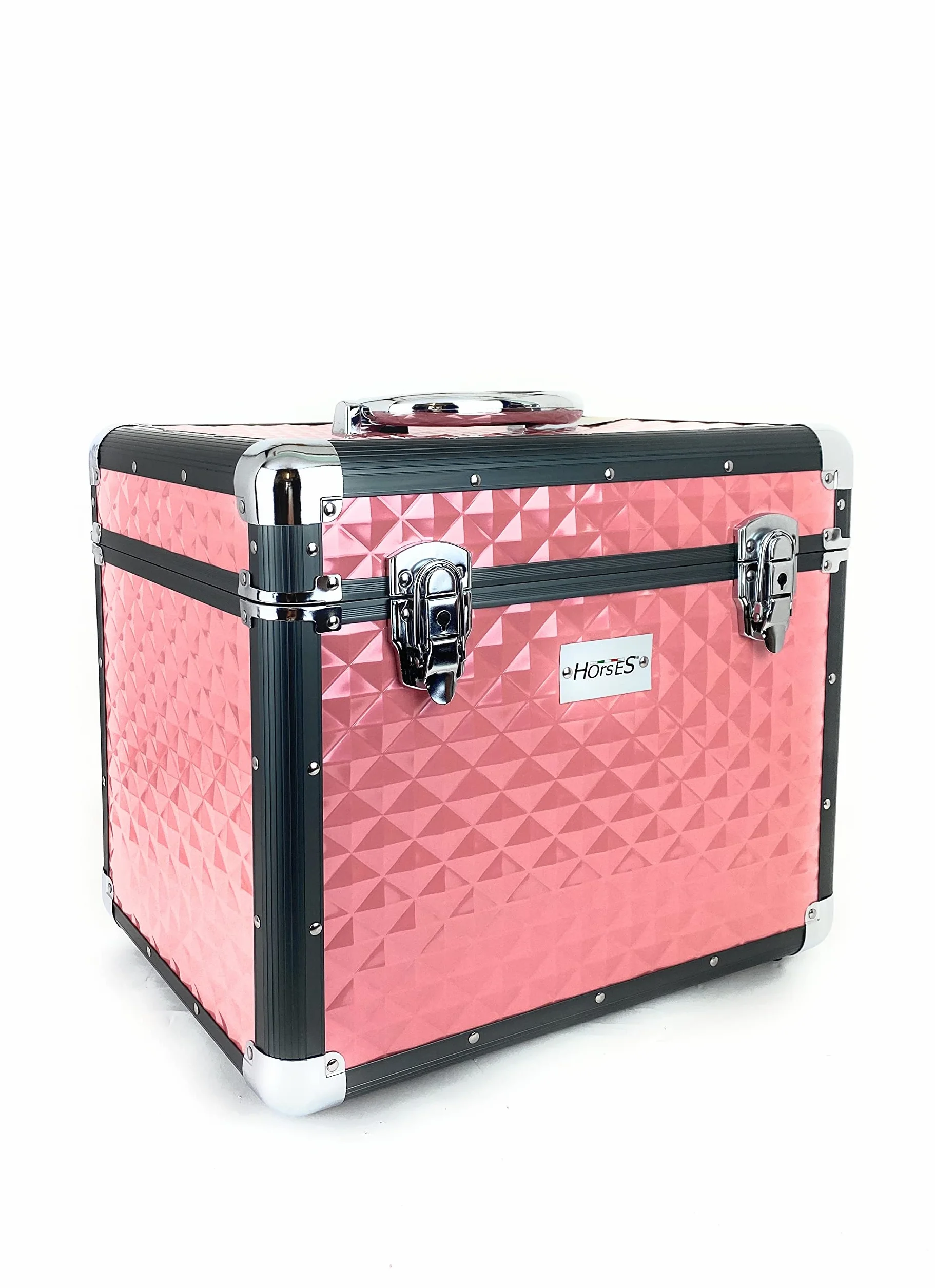 Horses, Baúl Shiny para el cuidado del caballo, caja porta accesorios para el aseo ecuestre, porta kit de cepillos, caja de aluminio 30 x 38 x 26 cm, rosa