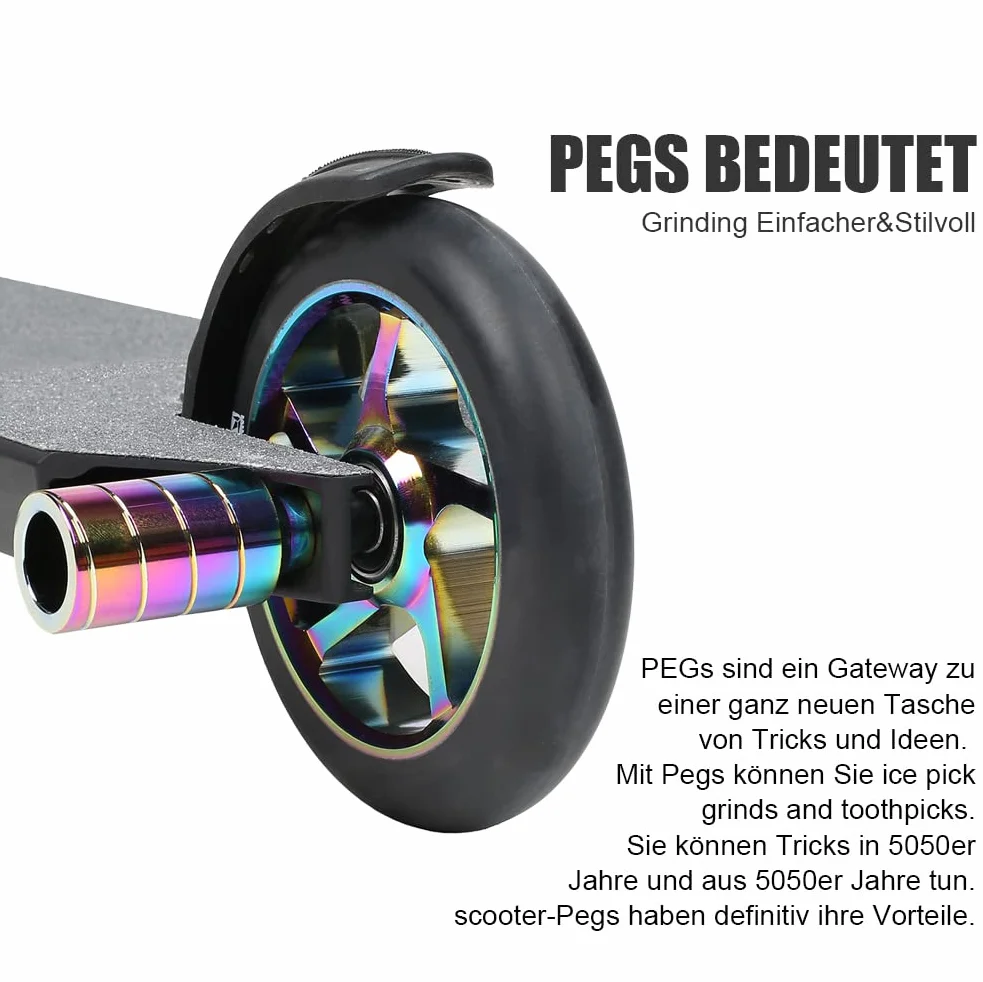 Pro Stunt Scooter Pegs Rainbow negro aluminio 12,9 mm eje tuerca fijación 2 unidades