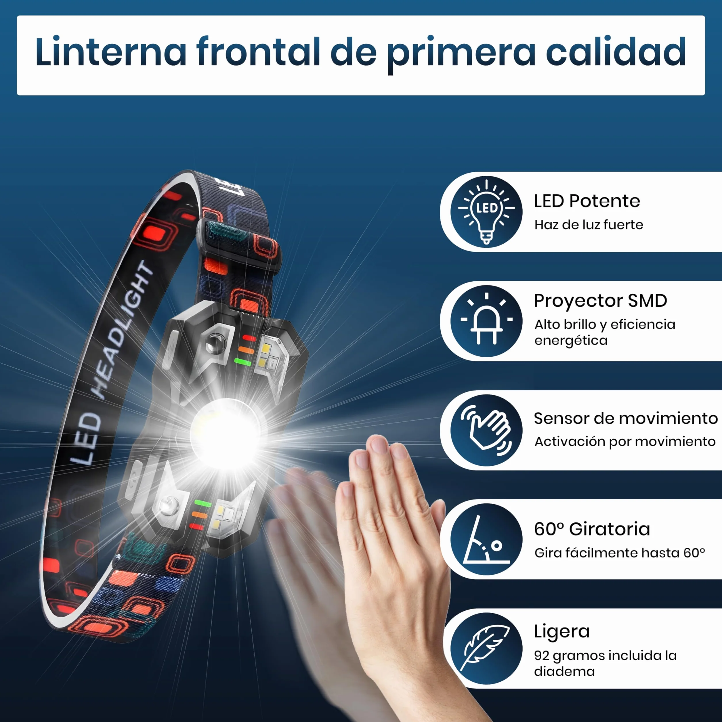 Linterna Frontal LED Recargable Alta Potencia 2000L IPX5 Impermeable 6 Modos Sensor Movimiento